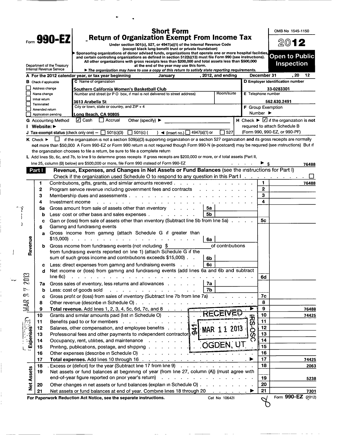 Image of first page of 2012 Form 990EO for Southern California Womens Basketball Club