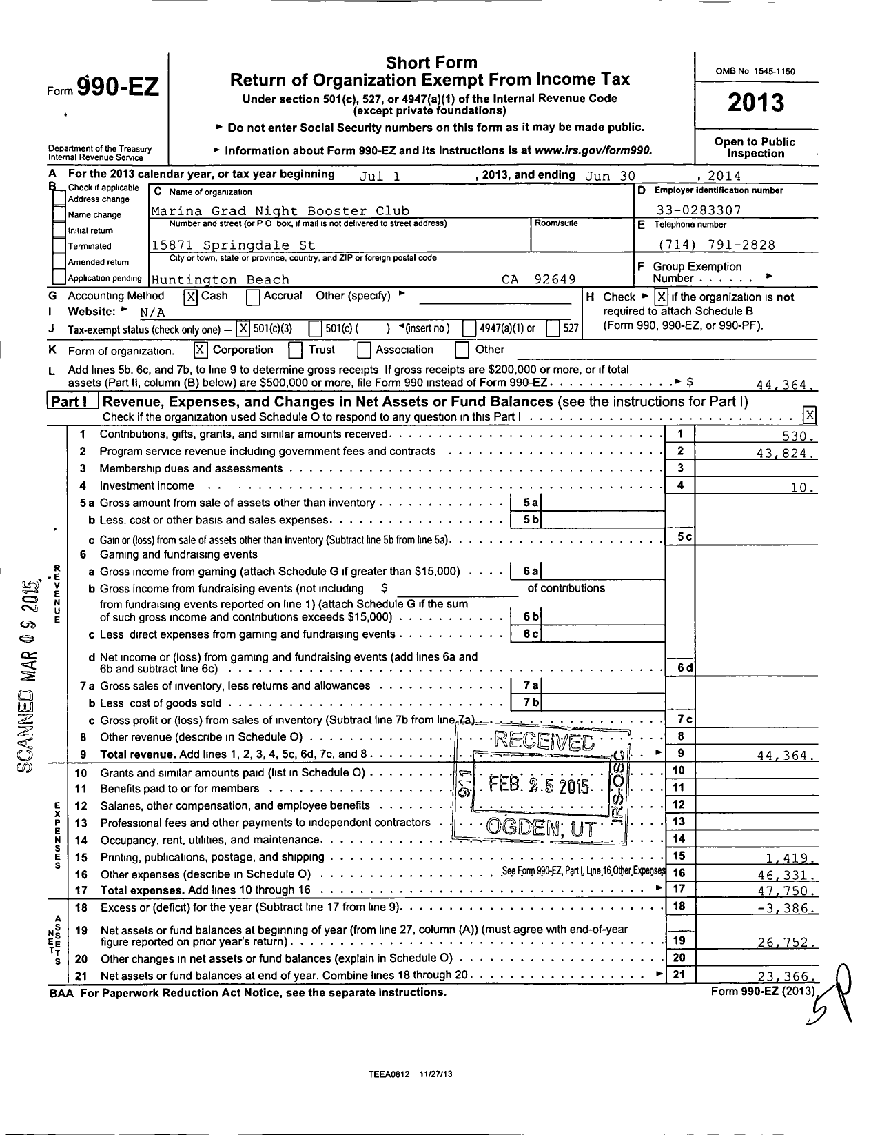 Image of first page of 2013 Form 990EZ for Marina Grad Night Booster Club