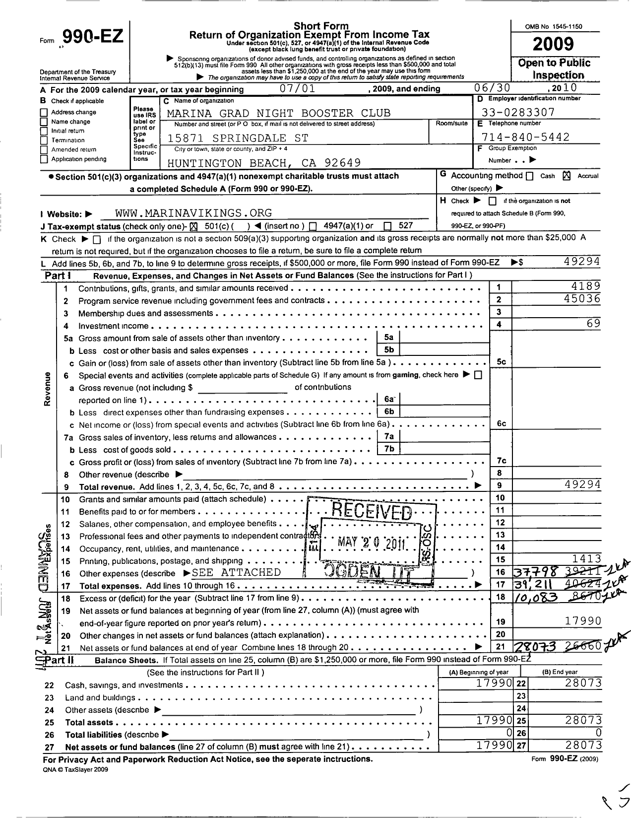 Image of first page of 2009 Form 990EO for Marina Grad Night Booster Club