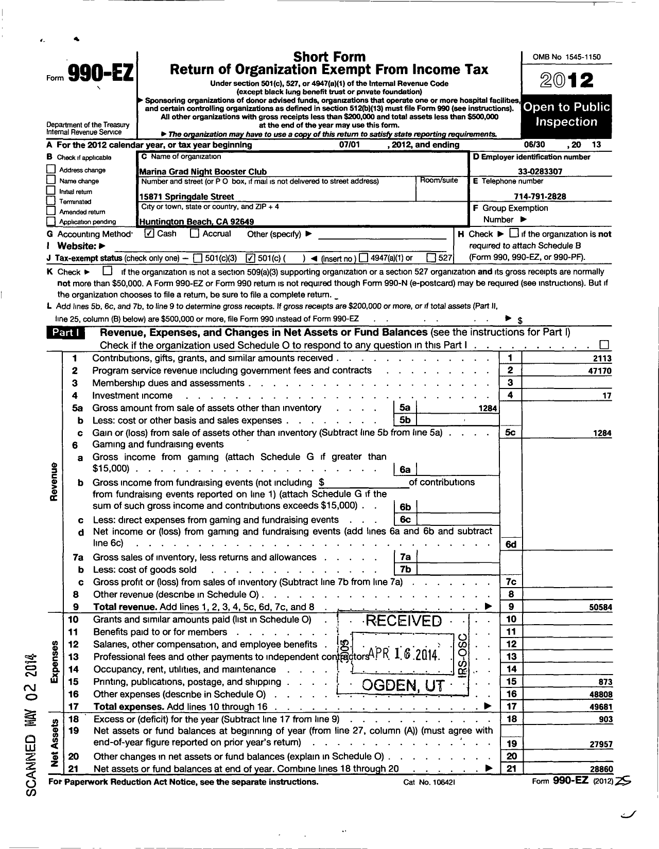 Image of first page of 2012 Form 990EO for Marina Grad Night Booster Club