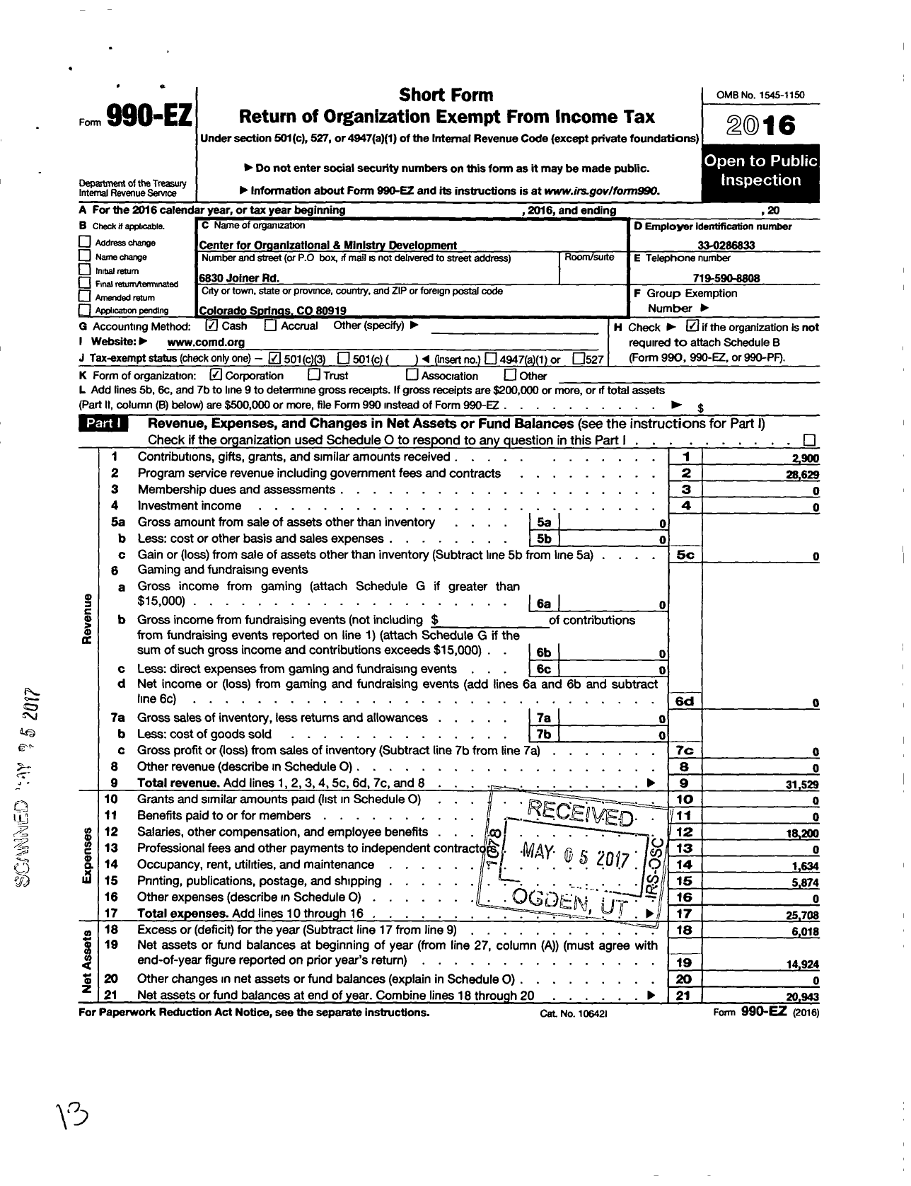 Image of first page of 2016 Form 990EZ for Center for Organizational and Ministry Development