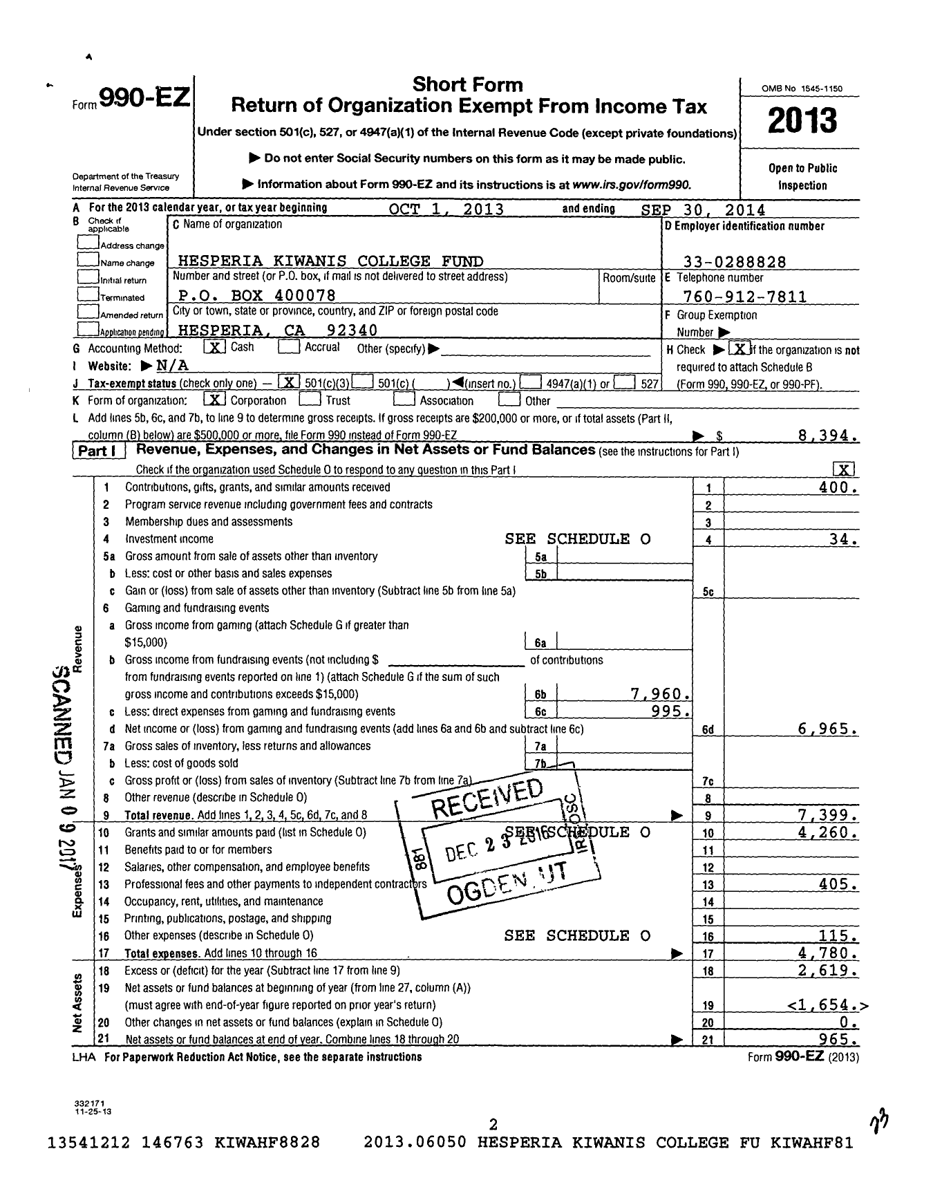 Image of first page of 2013 Form 990EZ for Hesperia Kiwanis College Fund