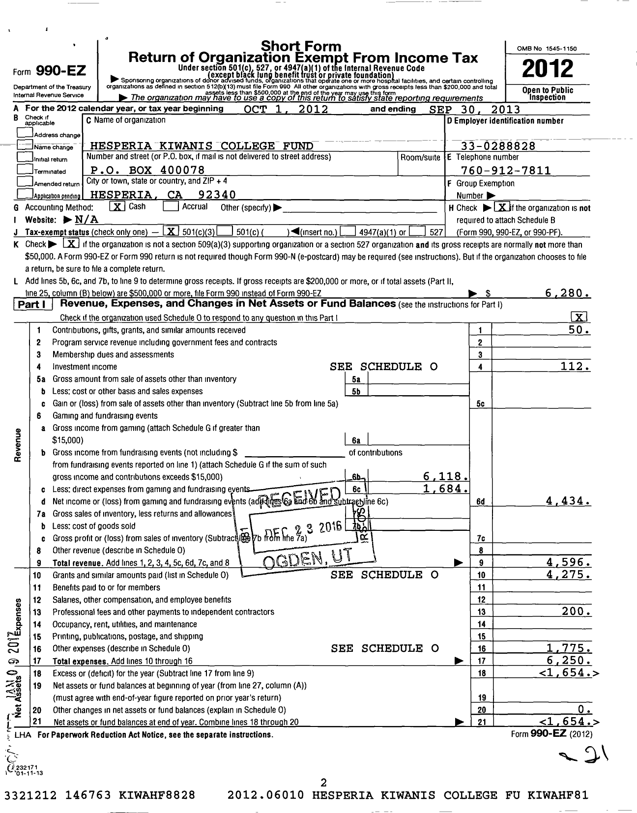 Image of first page of 2012 Form 990EZ for Hesperia Kiwanis College Fund