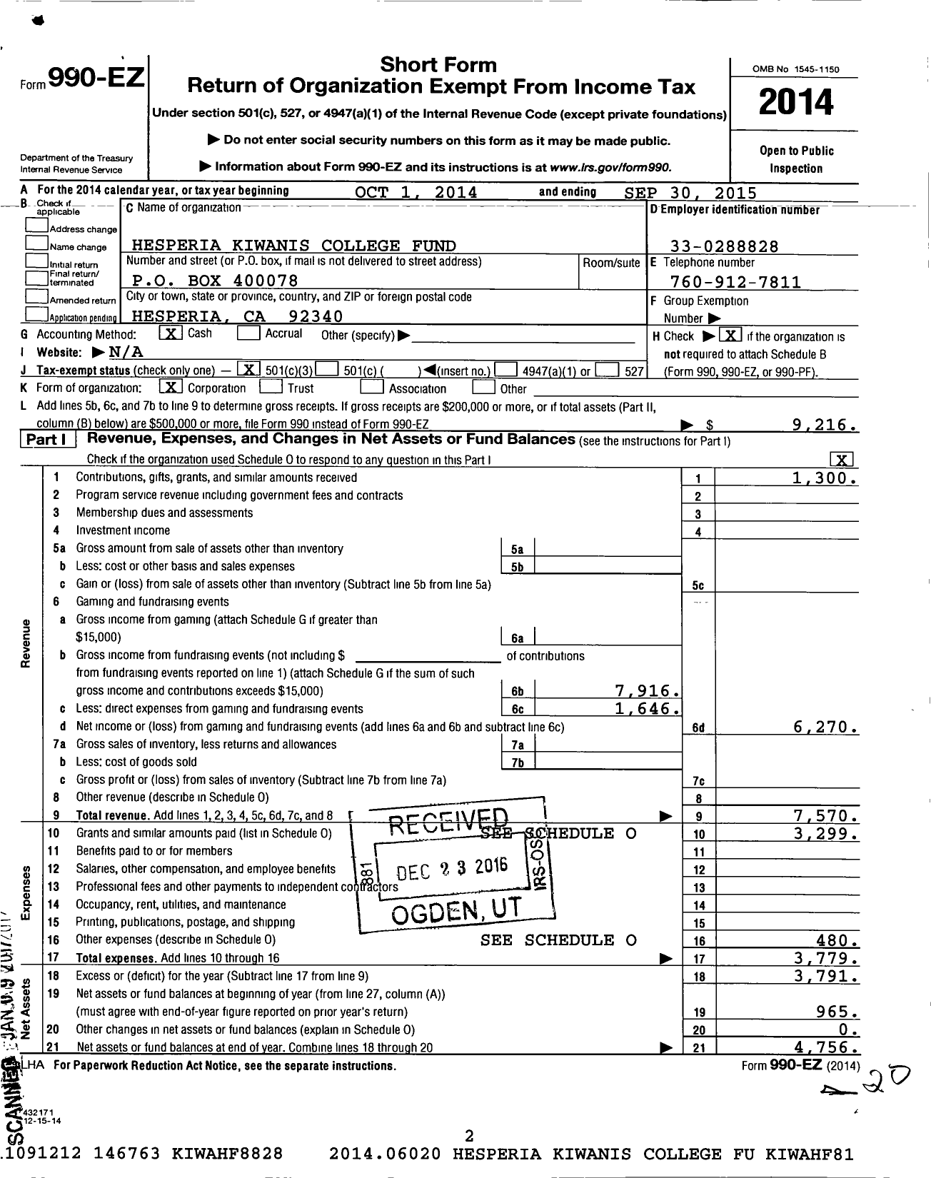 Image of first page of 2014 Form 990EZ for Hesperia Kiwanis College Fund