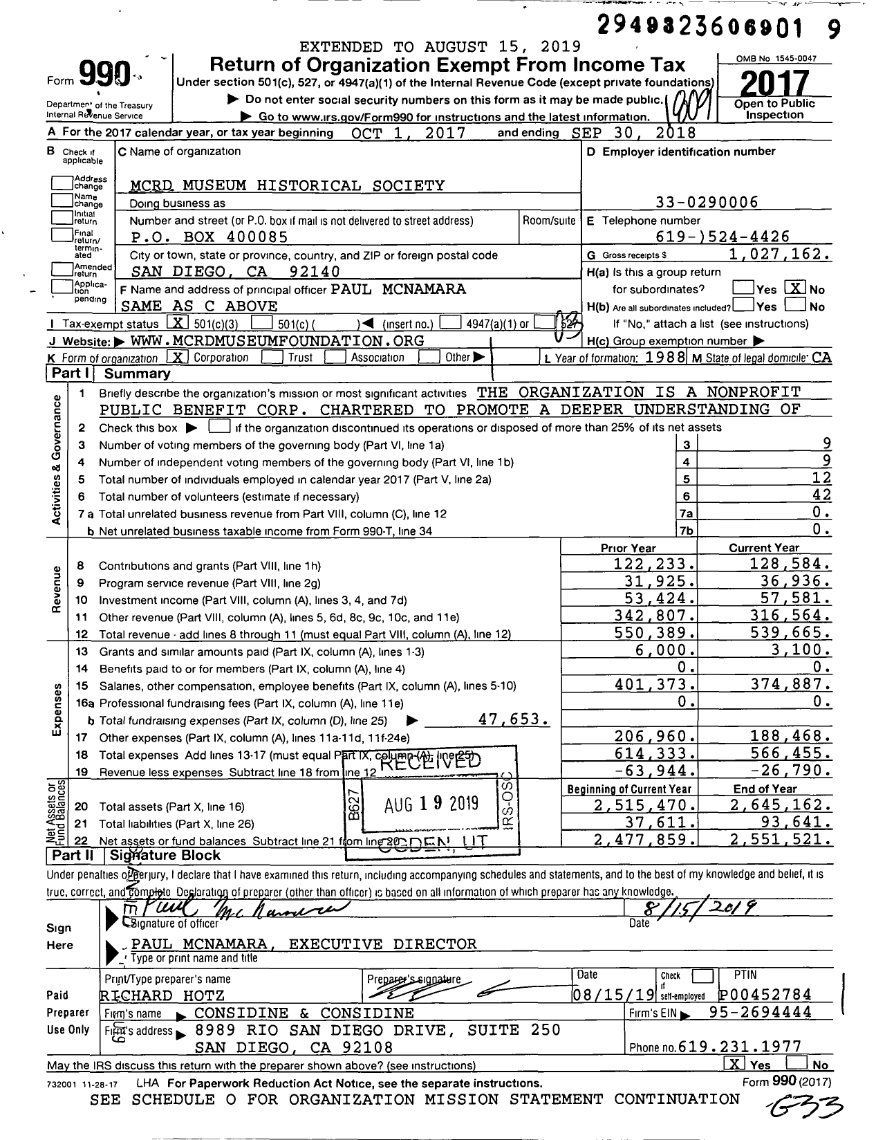 Image of first page of 2017 Form 990 for MCRD Museum Historical Society