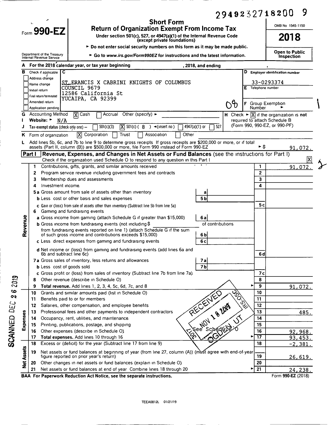 Image of first page of 2018 Form 990EO for St Francis X Cabrini Knights of Columbus Council 9679