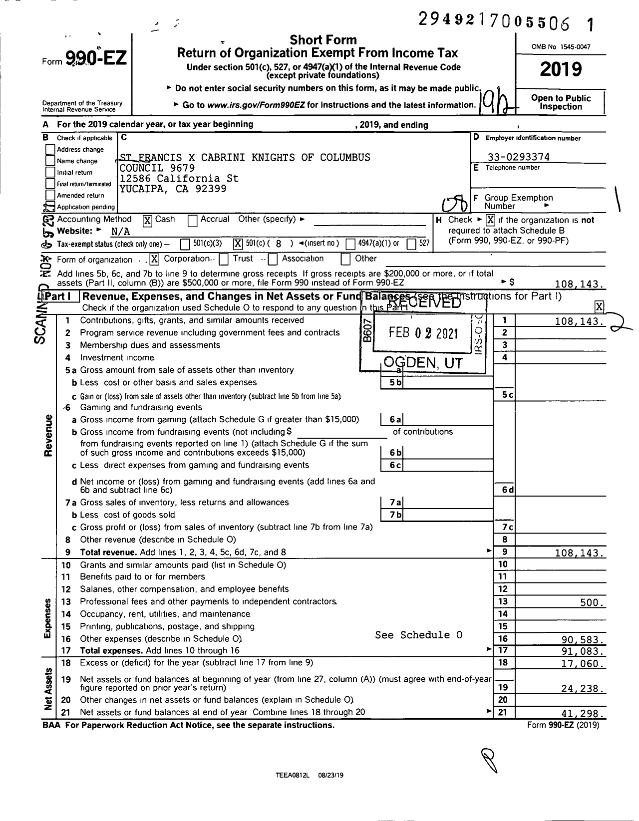 Image of first page of 2019 Form 990EO for St Francis X Cabrini Knights of Columbus Council 9679