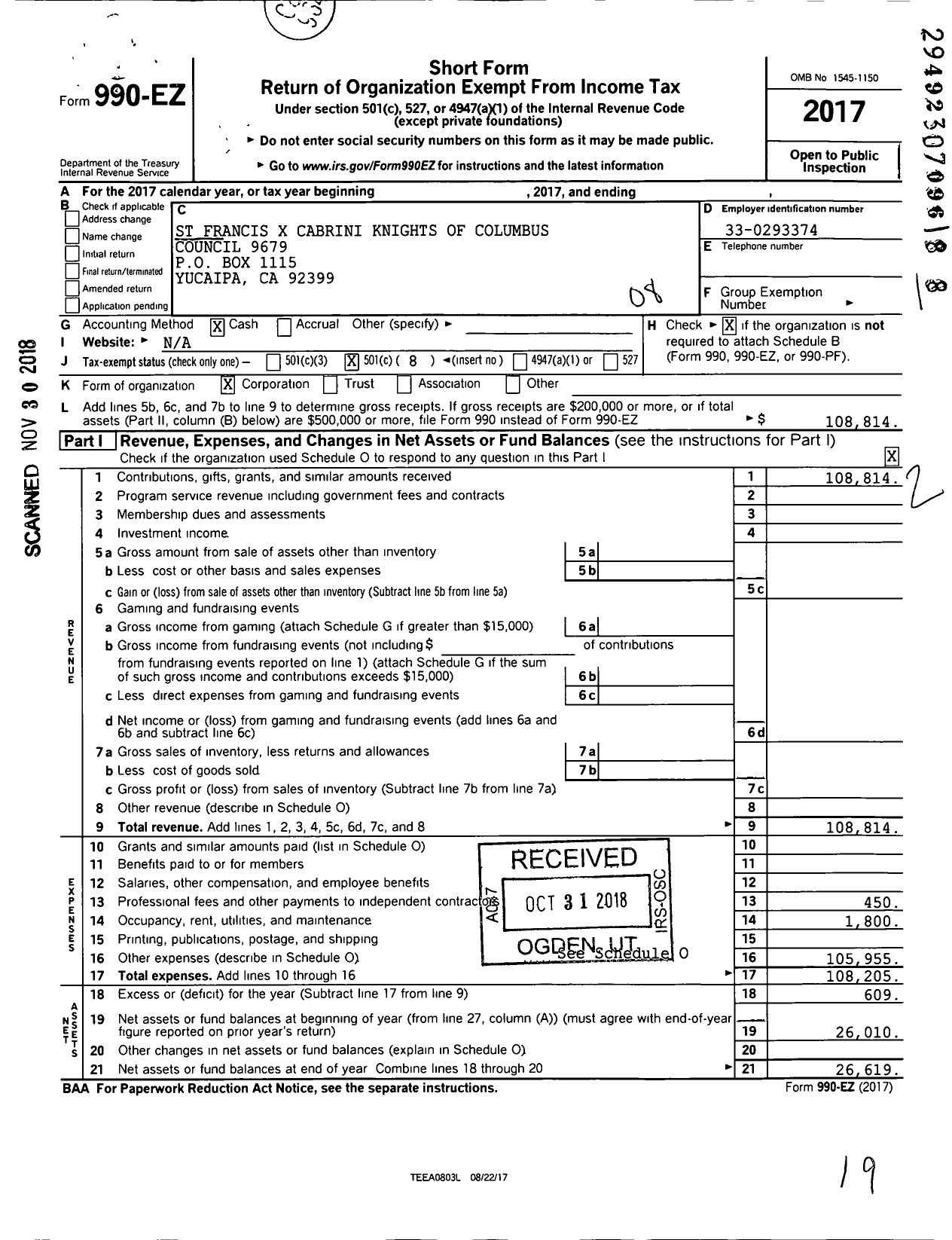 Image of first page of 2017 Form 990EO for St Francis X Cabrini Knights of Columbus Council 9679