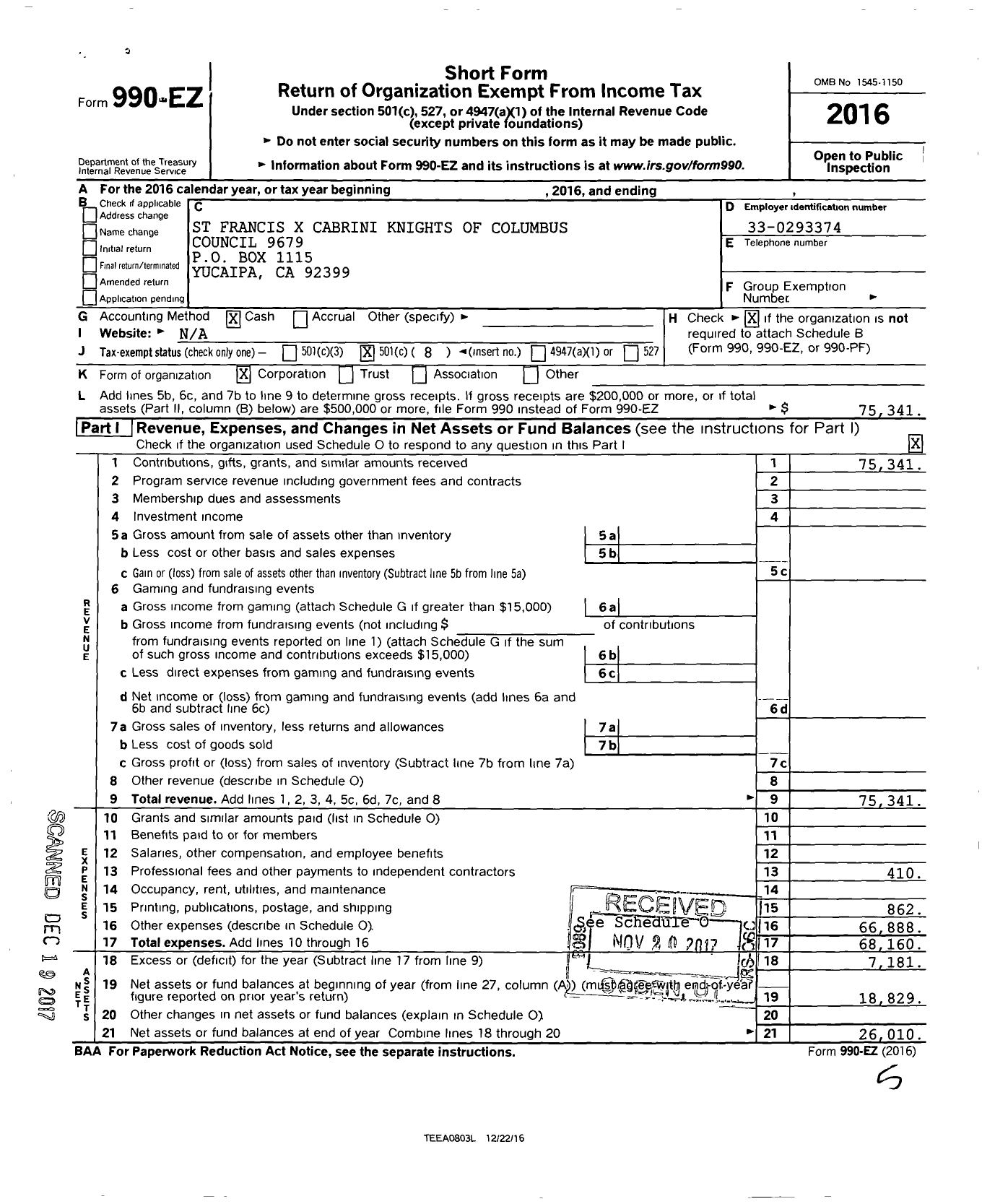 Image of first page of 2016 Form 990EO for St Francis X Cabrini Knights of Columbus Council 9679