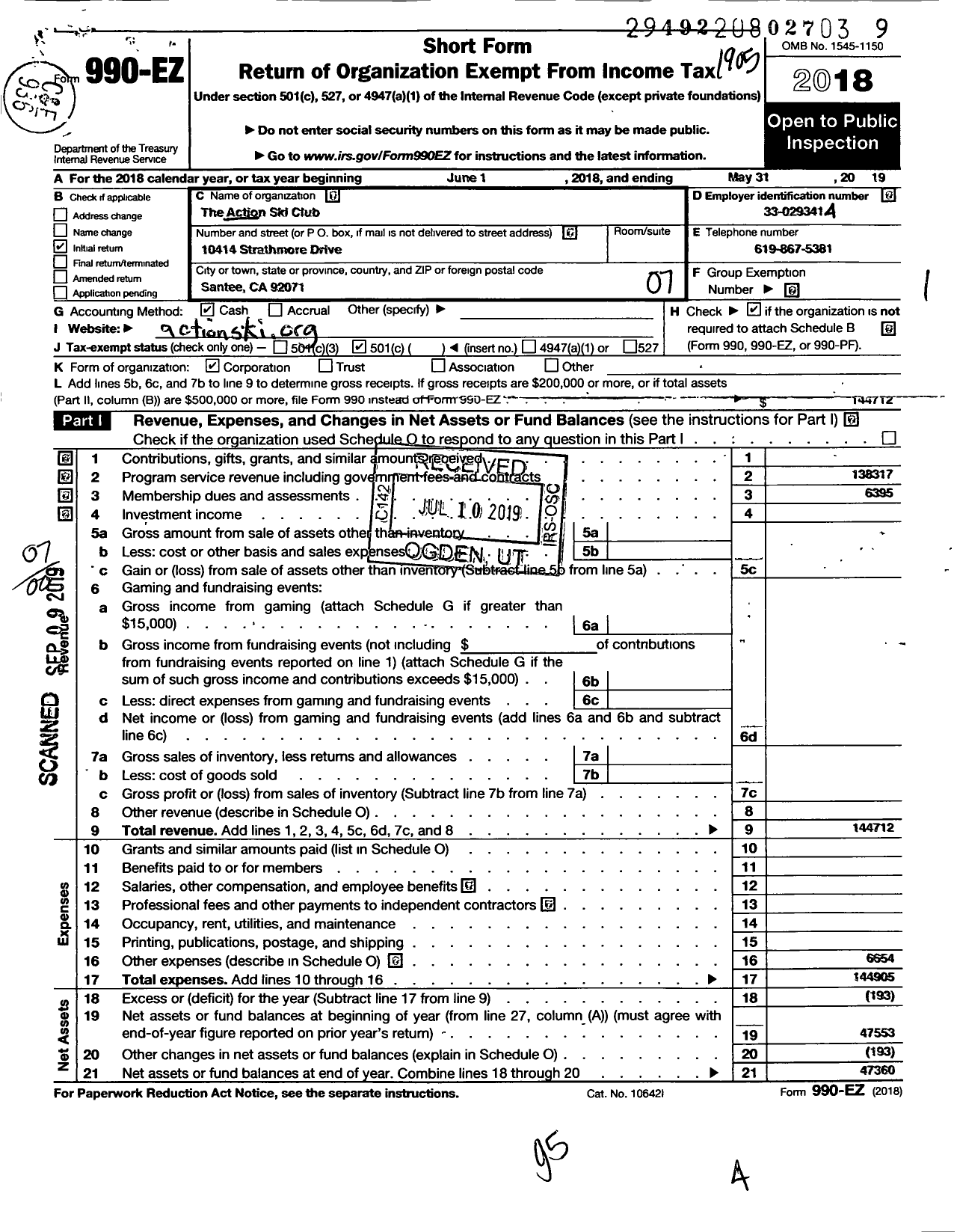 Image of first page of 2018 Form 990EO for The Action Ski Club