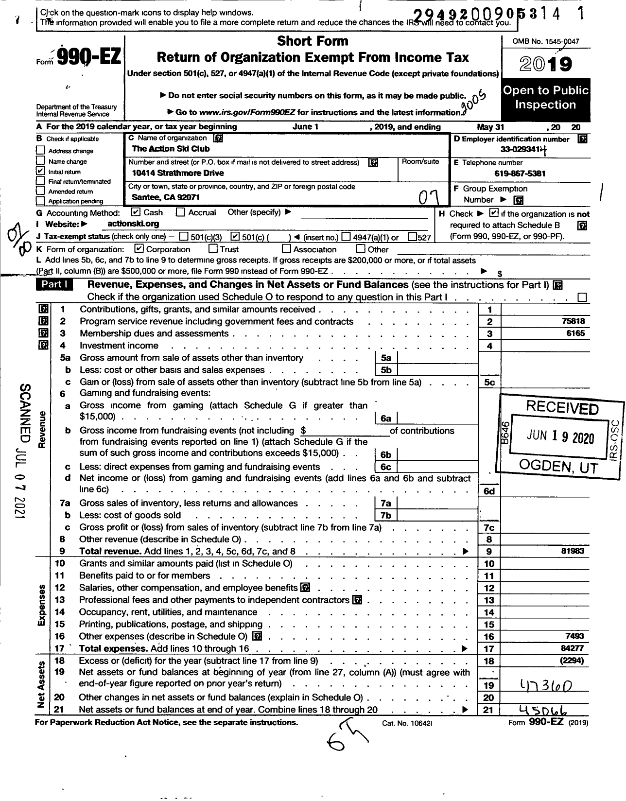 Image of first page of 2019 Form 990EO for The Action Ski Club