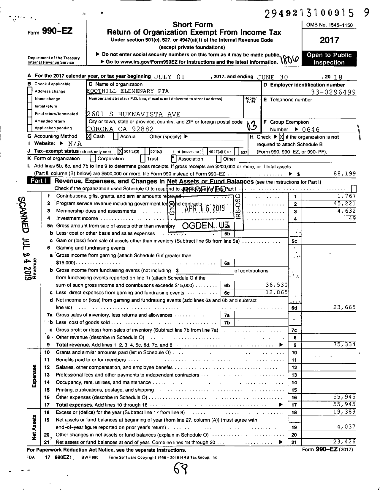 Image of first page of 2017 Form 990EZ for California State PTA - Foothill Elementary PTA