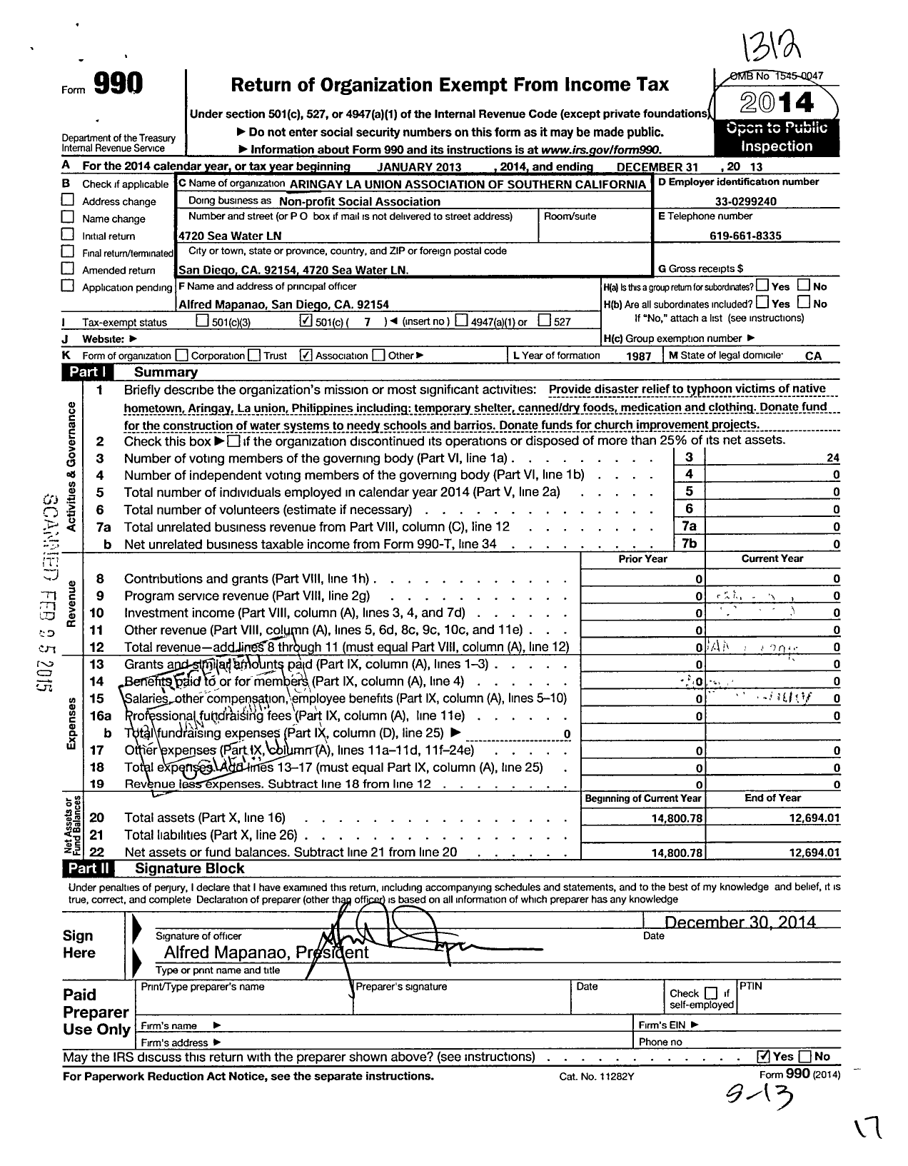 Image of first page of 2013 Form 990O for Aringay La Union International Association