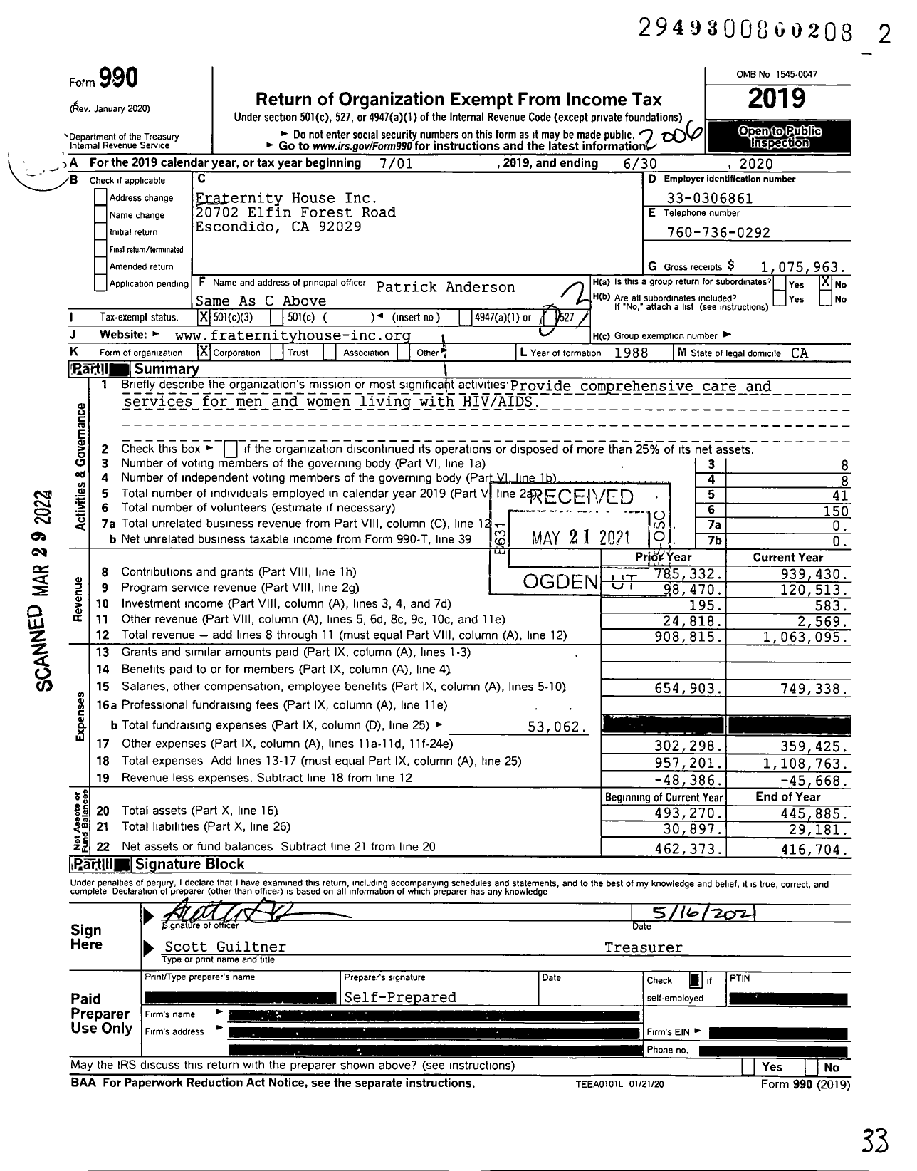 Image of first page of 2019 Form 990 for Fraternity House