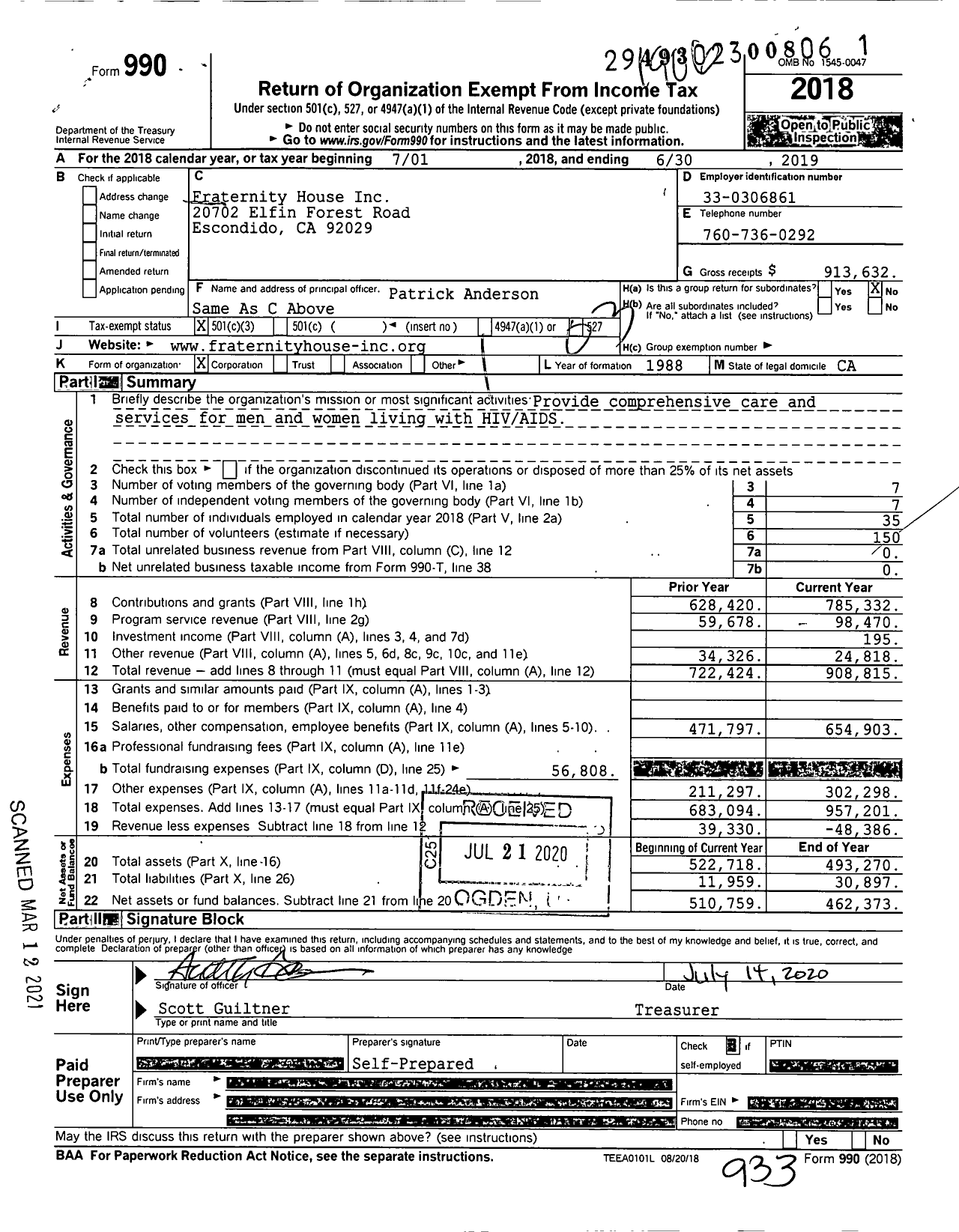 Image of first page of 2018 Form 990 for Fraternity House