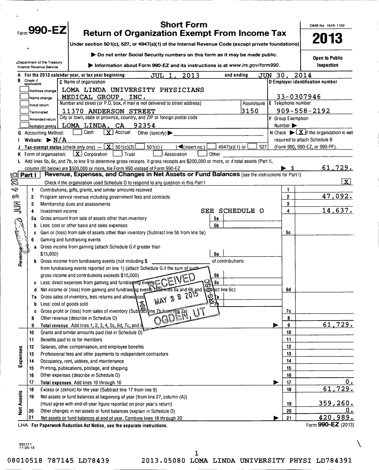 Image of first page of 2013 Form 990EZ for Linda University Health Care (LLUHC)