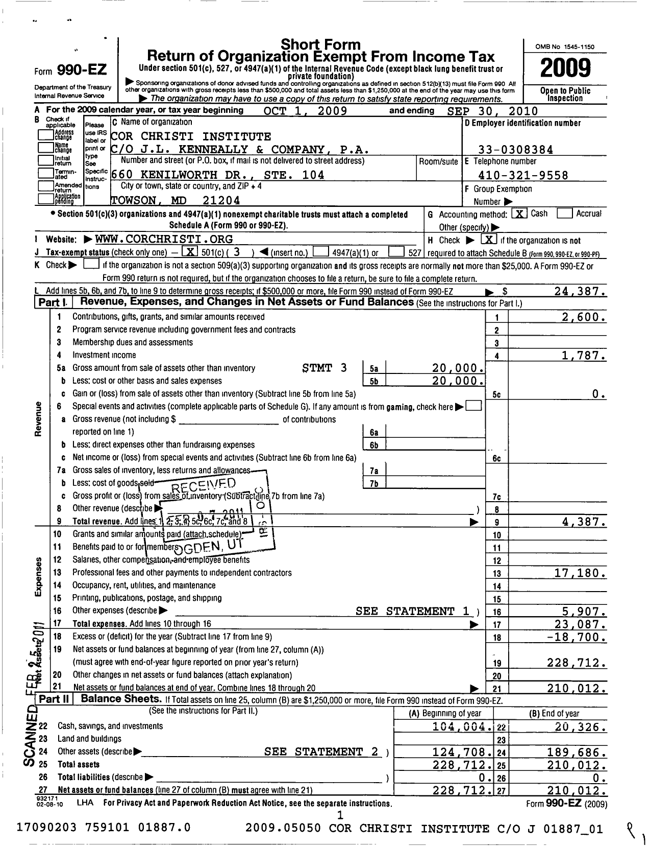 Image of first page of 2009 Form 990EZ for Cor Christi Institute