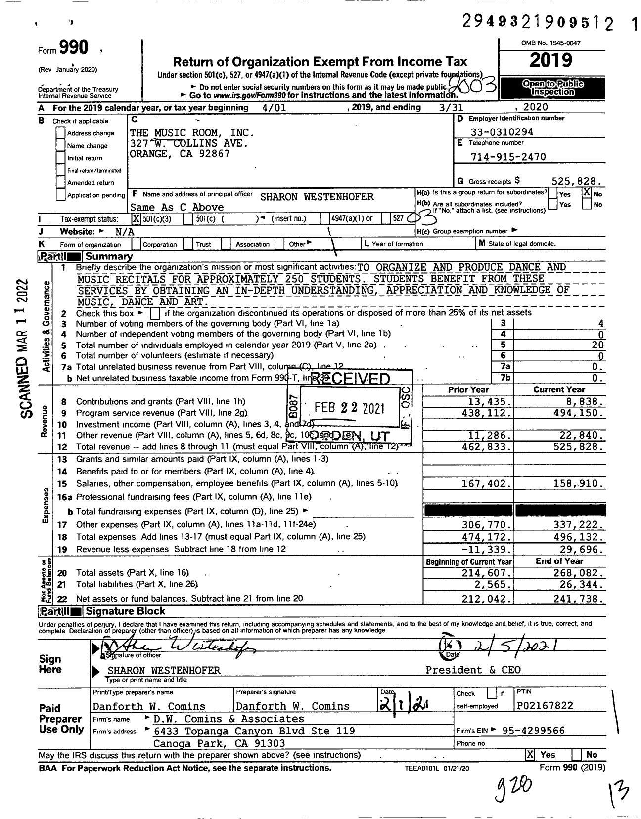 Image of first page of 2019 Form 990 for The Music Room