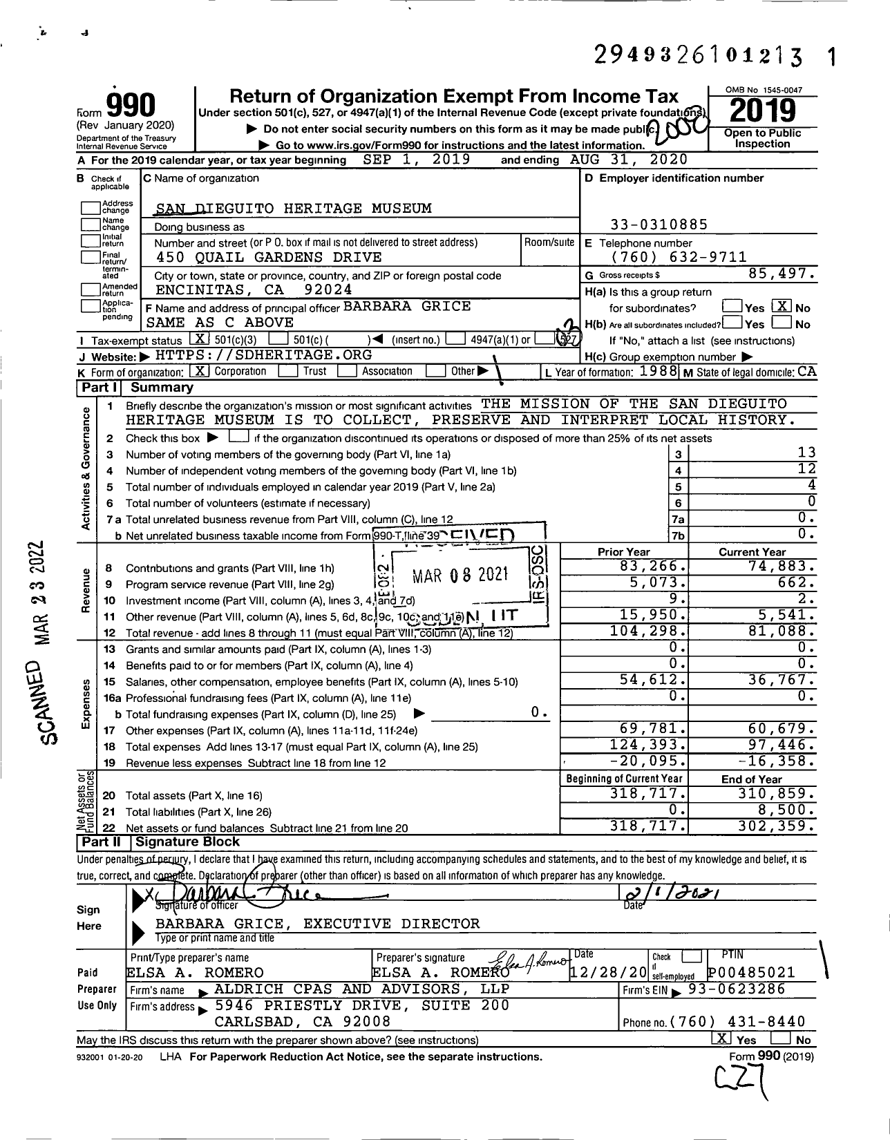 Image of first page of 2019 Form 990 for San Dieguito Heritage Museum