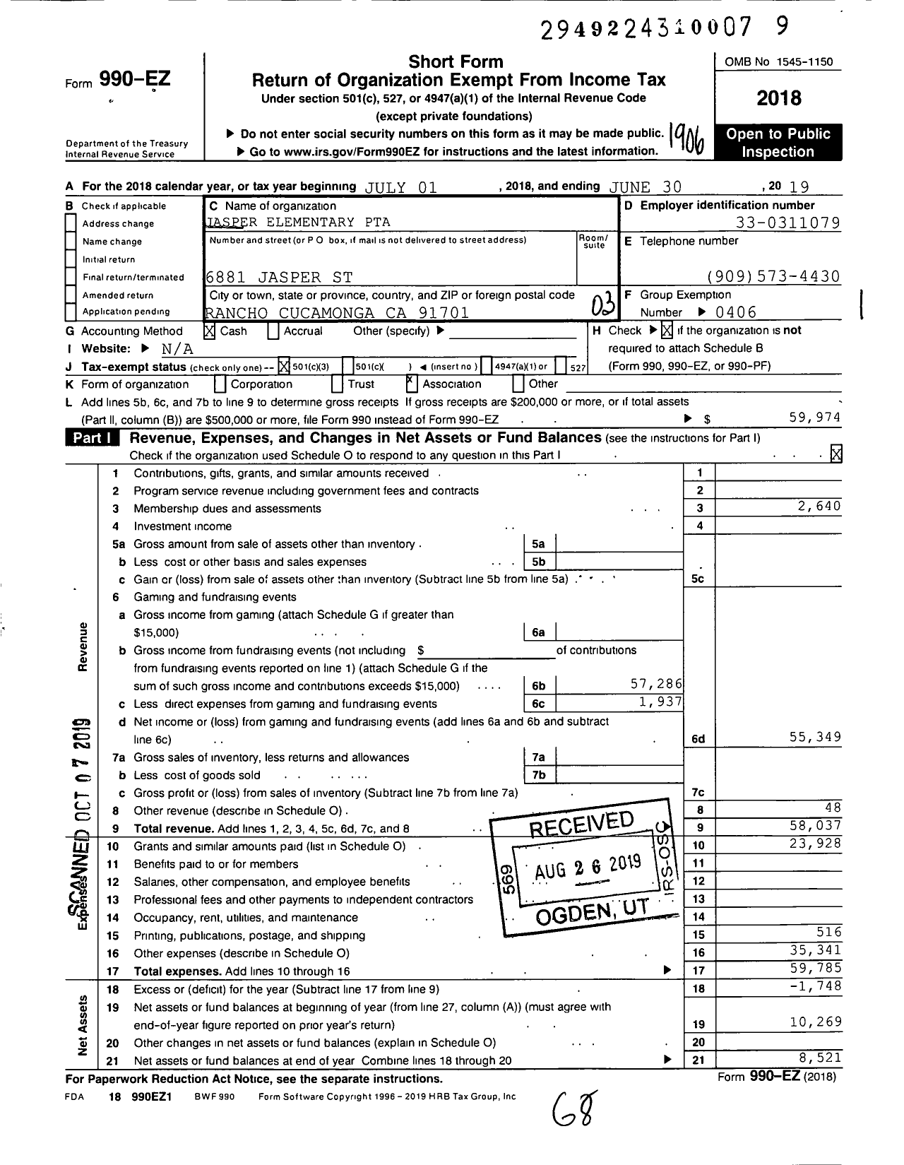 Image of first page of 2018 Form 990EZ for California State PTA - Jasper Elementary PTA