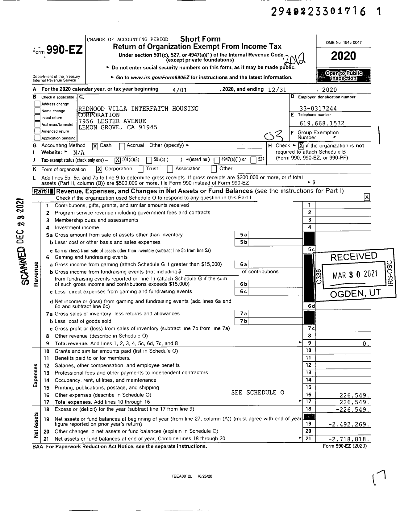 Image of first page of 2020 Form 990EZ for Redwood Villa Interfaith Housing Corporation