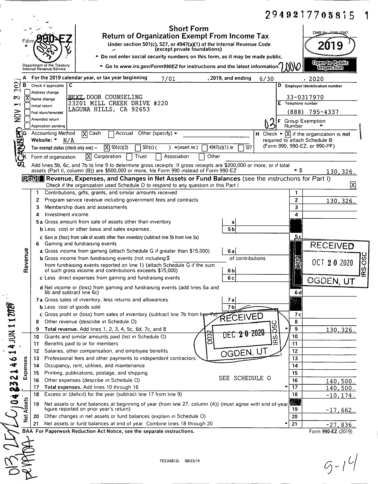 Image of first page of 2019 Form 990EZ for Next Door Counseling