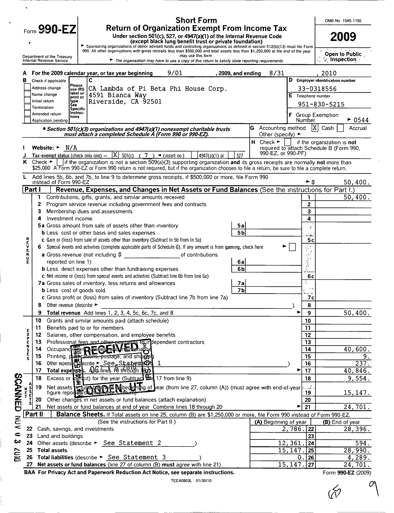 Image of first page of 2009 Form 990EO for California Lambda of Phi Beta Phi House Corporation