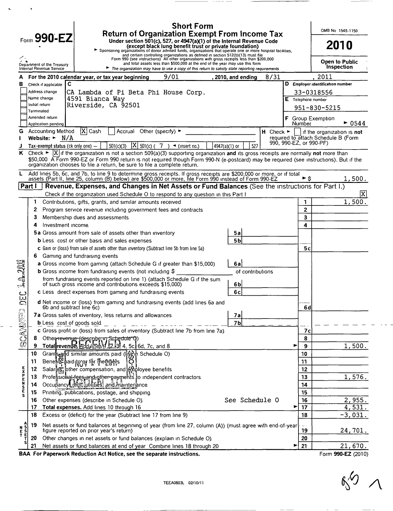 Image of first page of 2010 Form 990EO for California Lambda of Phi Beta Phi House Corporation