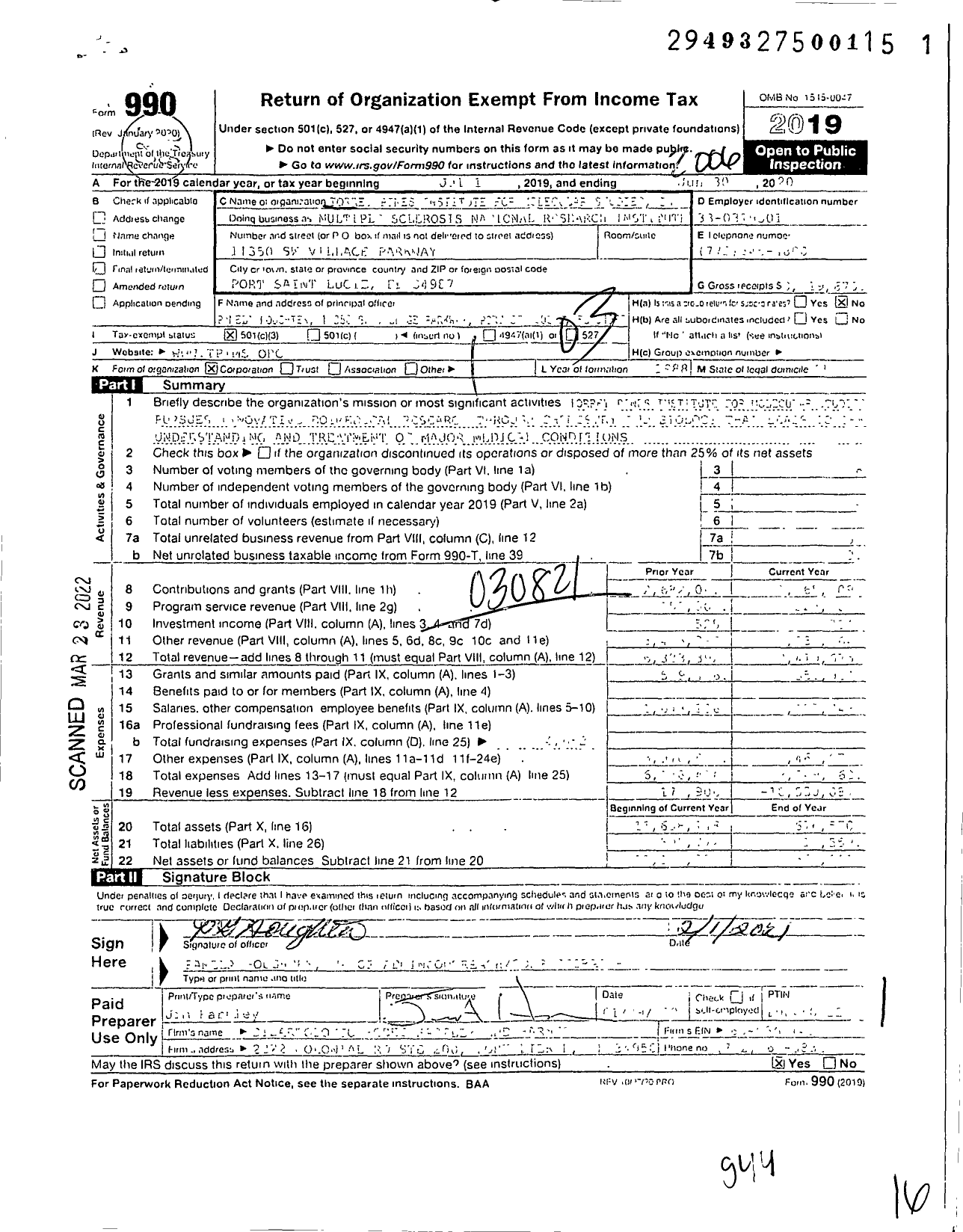 Image of first page of 2019 Form 990 for Torrey Pines Institute for Molecular Studies