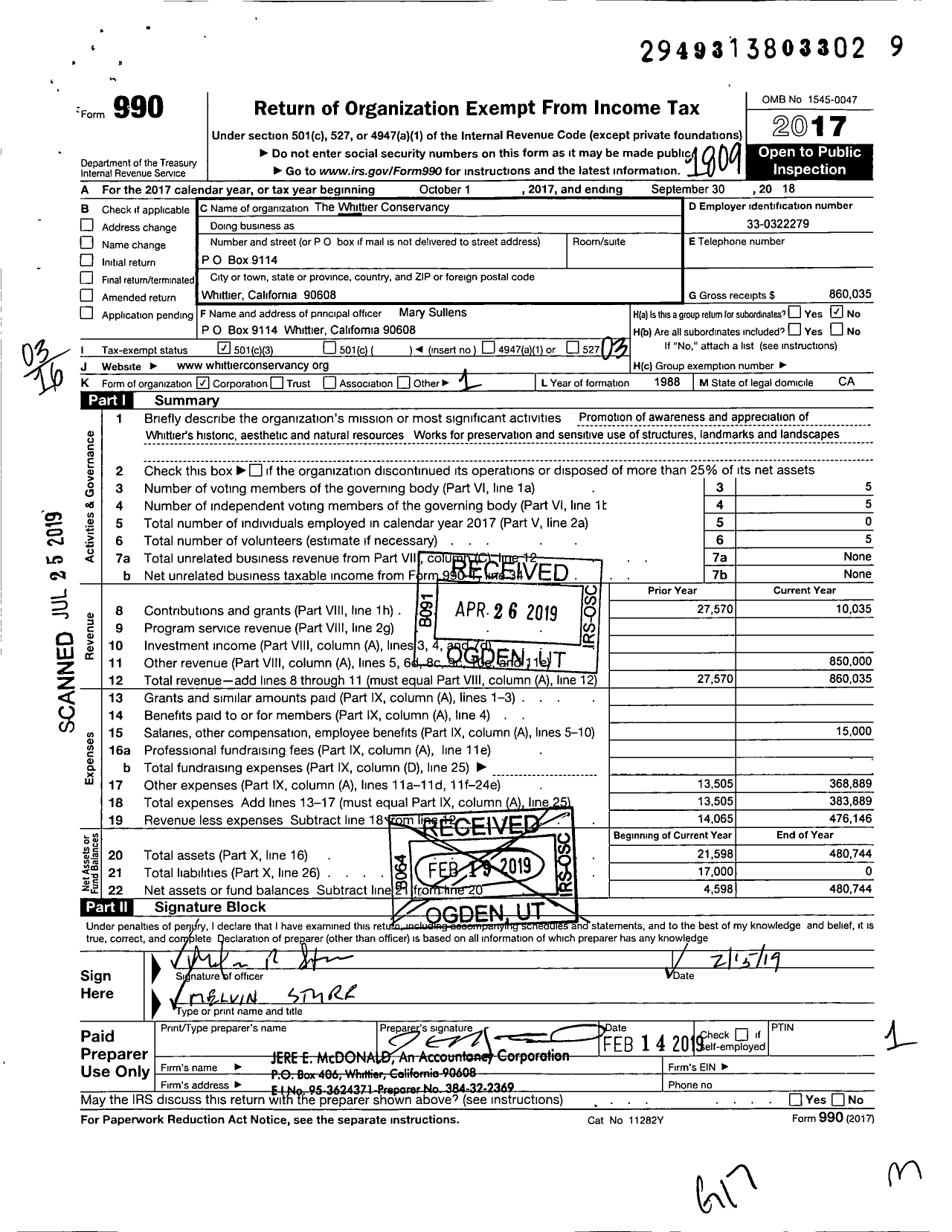 Image of first page of 2017 Form 990 for Whittier Conservancy