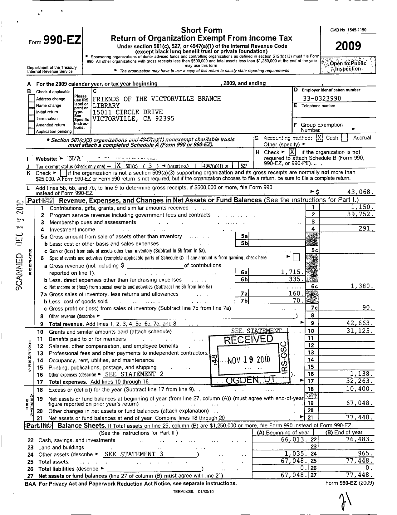 Image of first page of 2009 Form 990EZ for Friends of the Victorville Branch Library