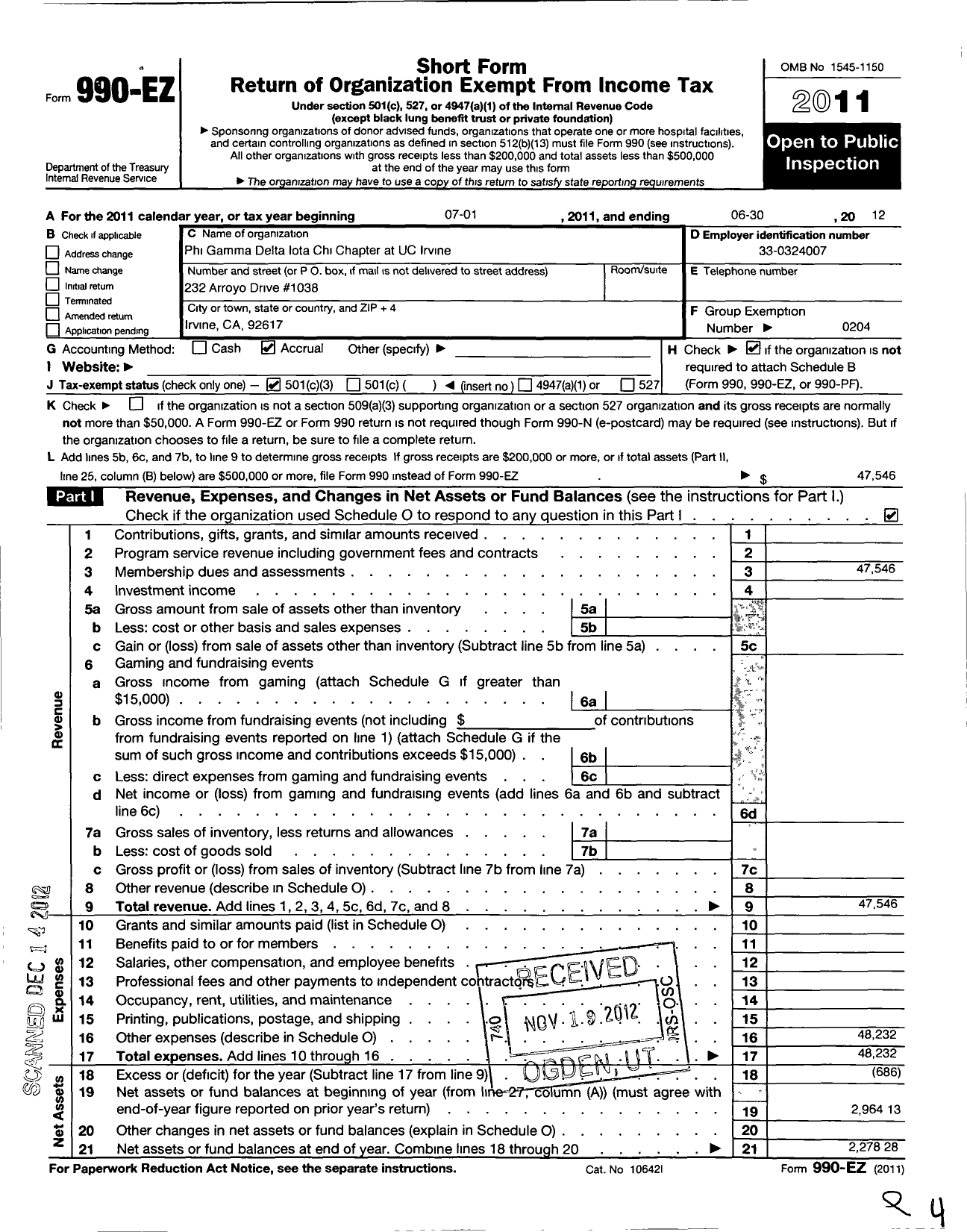 Image of first page of 2011 Form 990EZ for Phi Gamma Delta