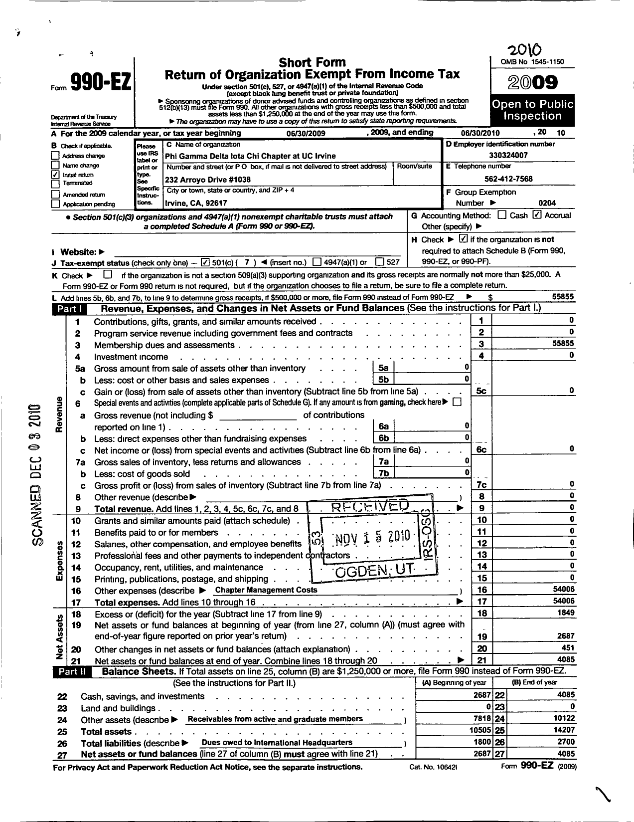 Image of first page of 2009 Form 990EO for Phi Gamma Delta