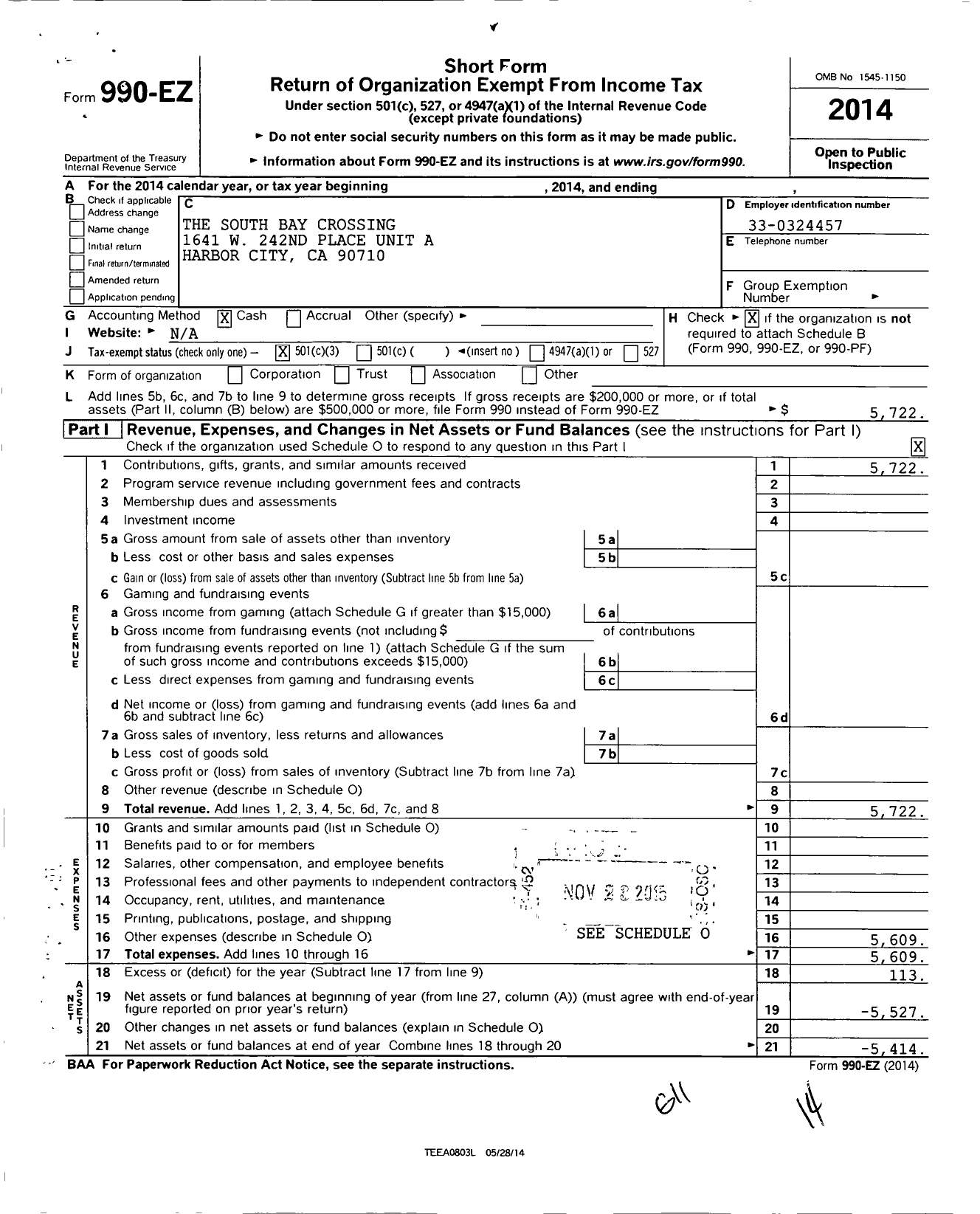 Image of first page of 2014 Form 990EZ for The South Bay Crossing