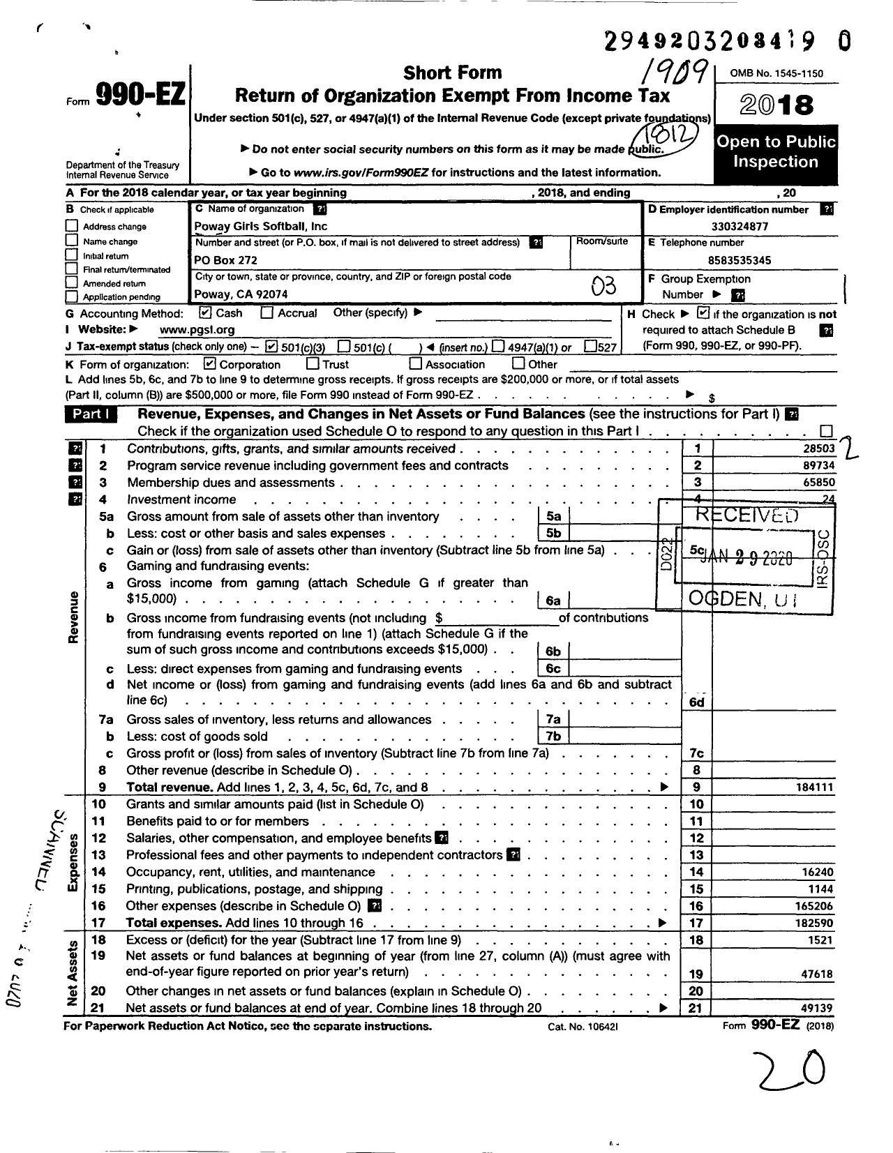 Image of first page of 2018 Form 990EZ for Poway Girls Softball