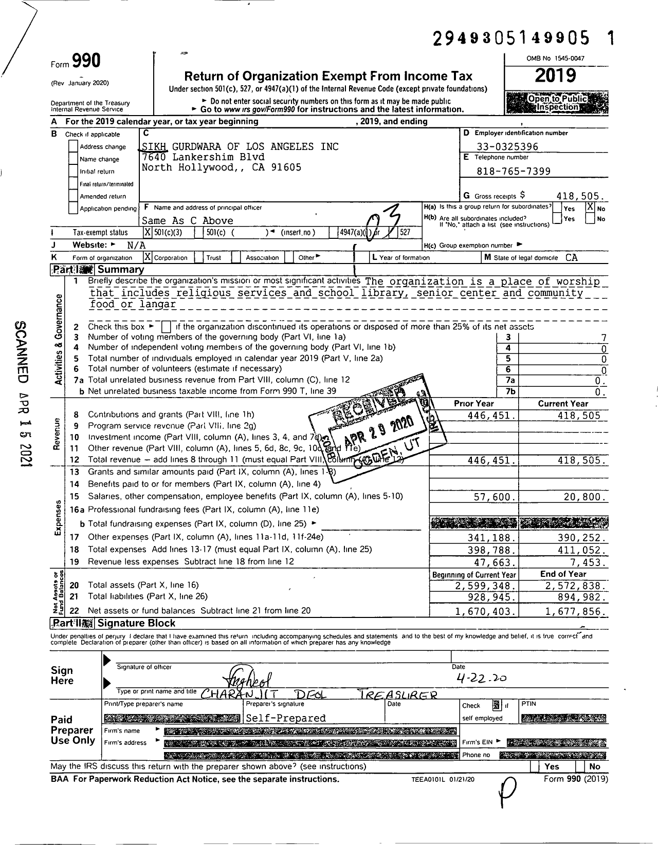 Image of first page of 2019 Form 990 for Sikh Gurdwara of Los Angeles