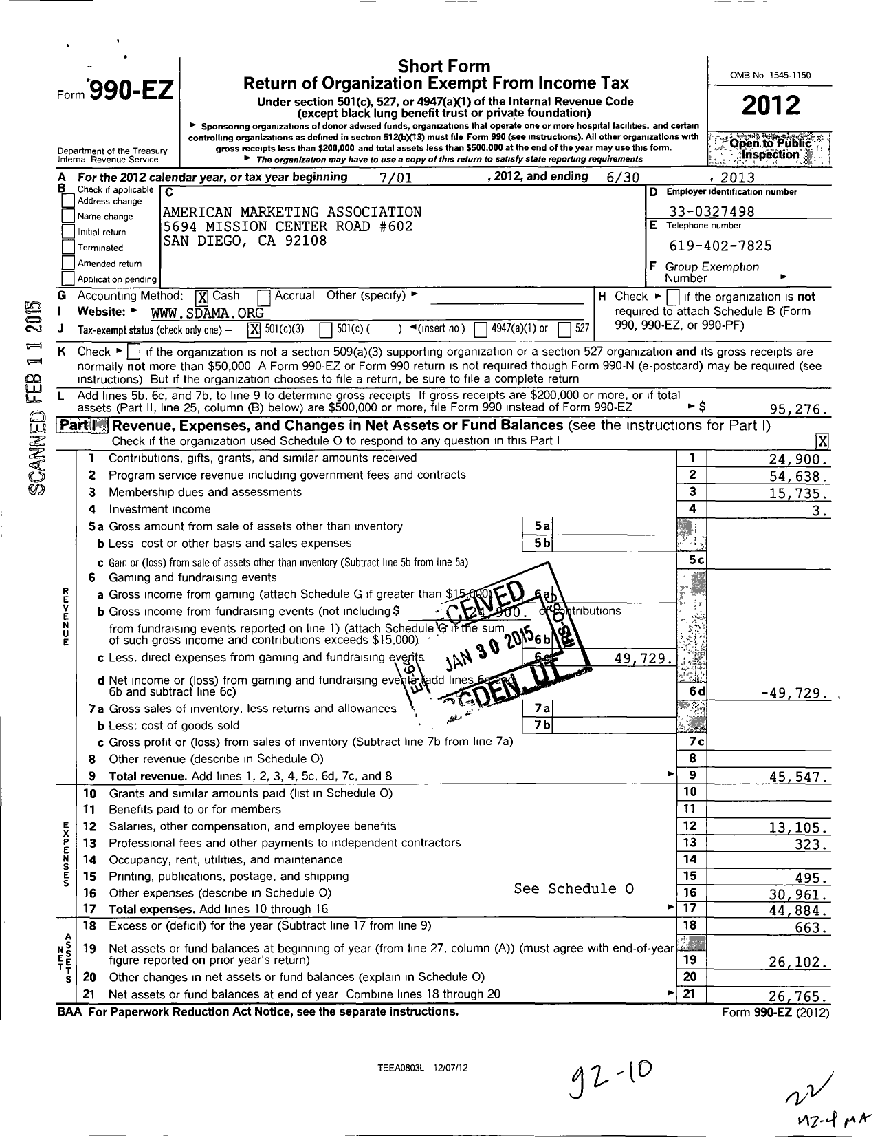 Image of first page of 2012 Form 990EZ for American Marketing Associationsan Diego