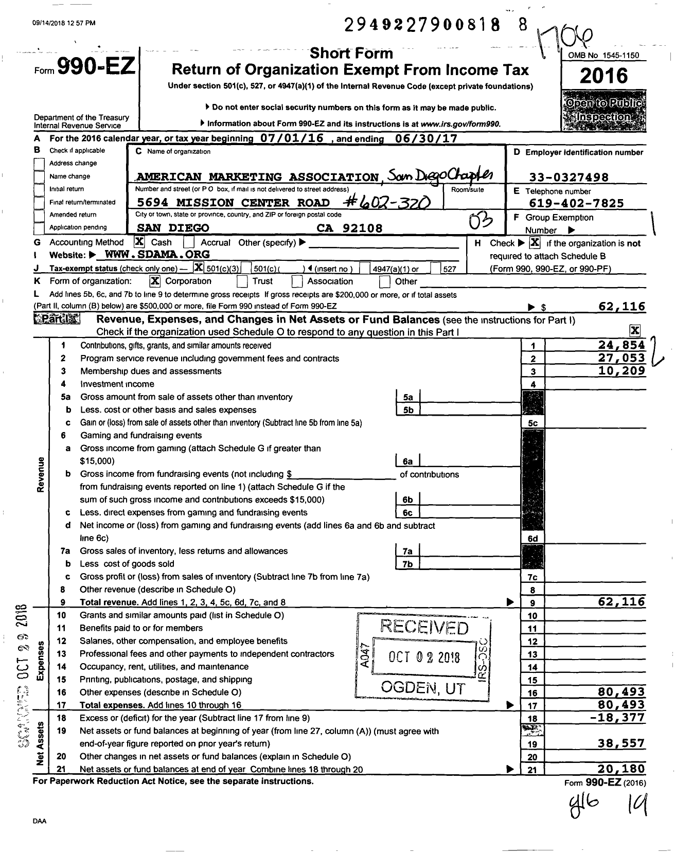 Image of first page of 2016 Form 990EZ for American Marketing Associationsan Diego