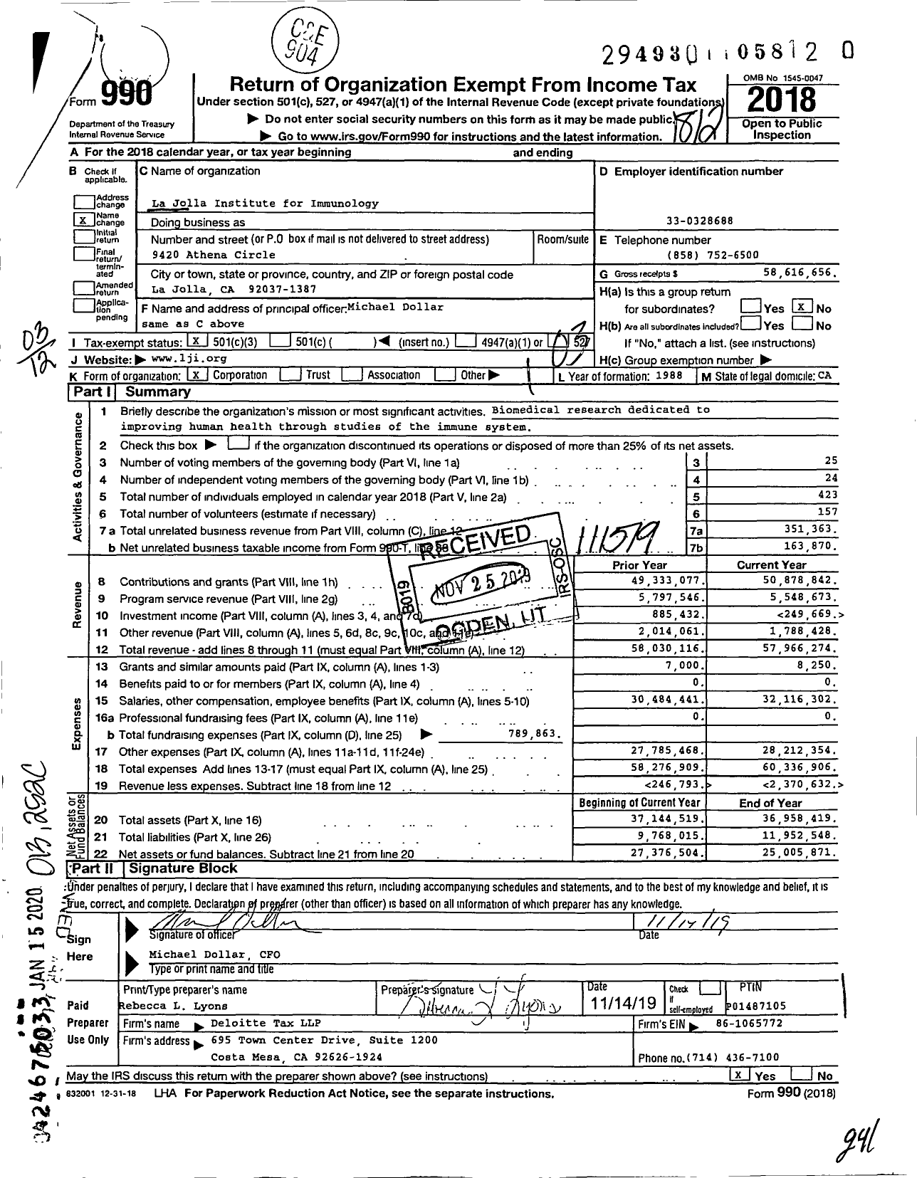 Image of first page of 2018 Form 990 for La Jolla Institute for Immunology (LIAI)