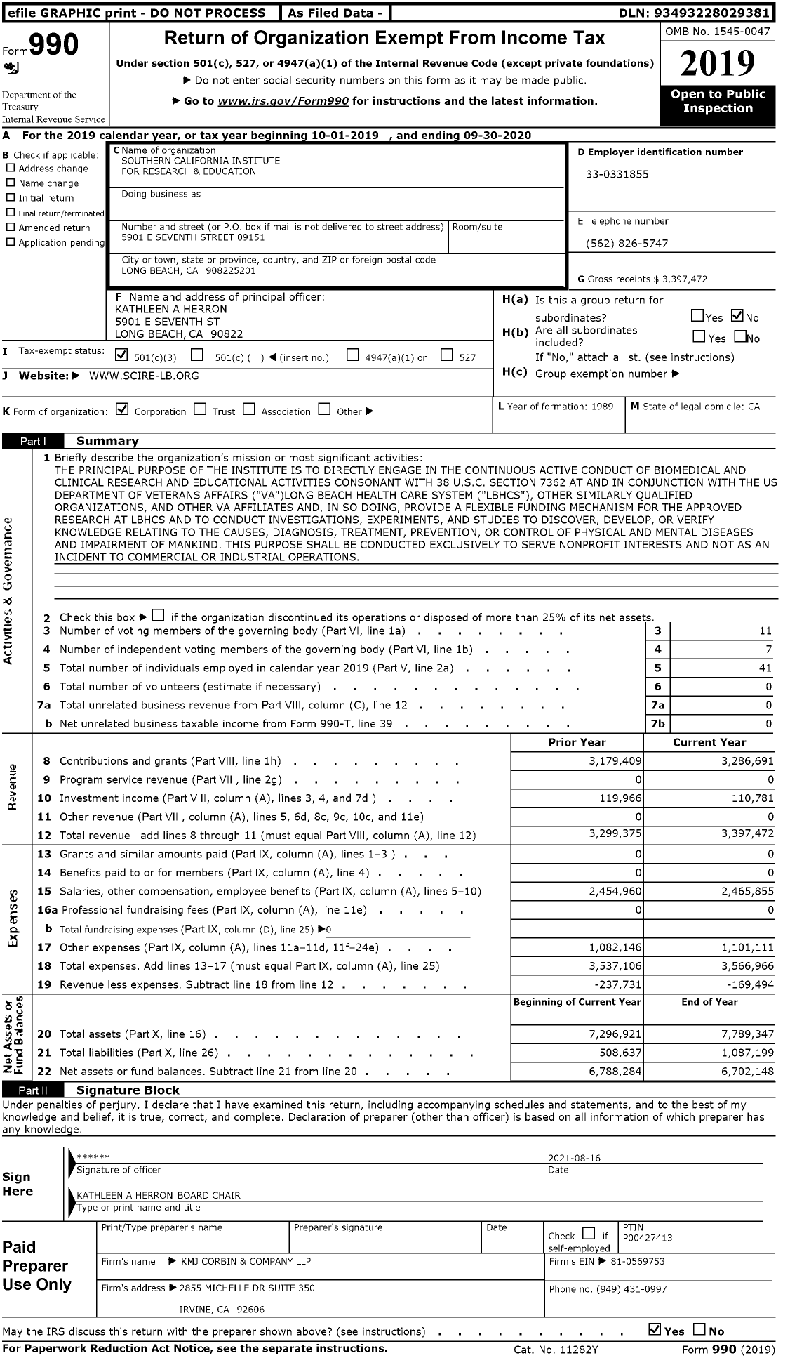 Image of first page of 2019 Form 990 for Southern California Institute for Research and Education