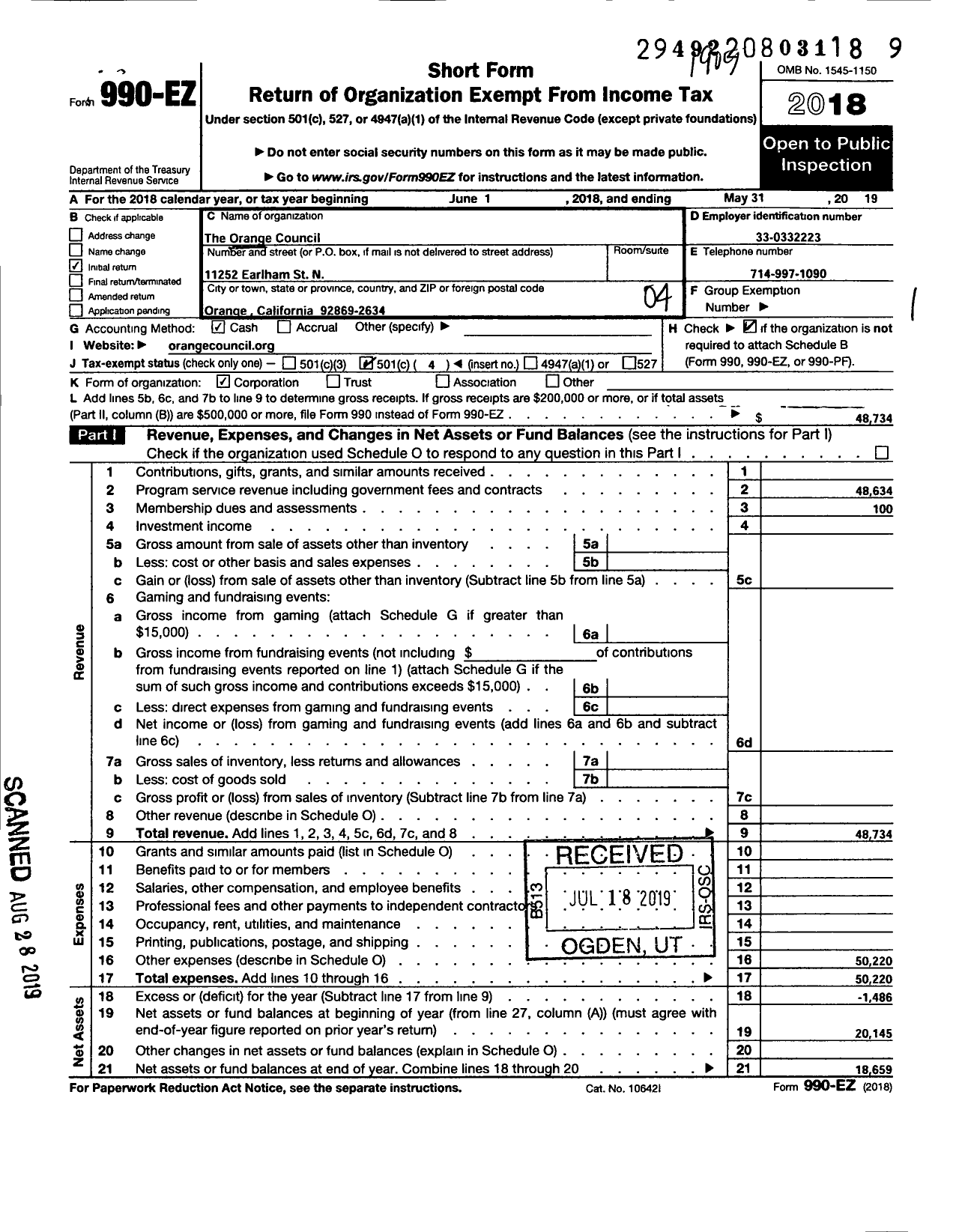 Image of first page of 2018 Form 990EO for The Orange Council