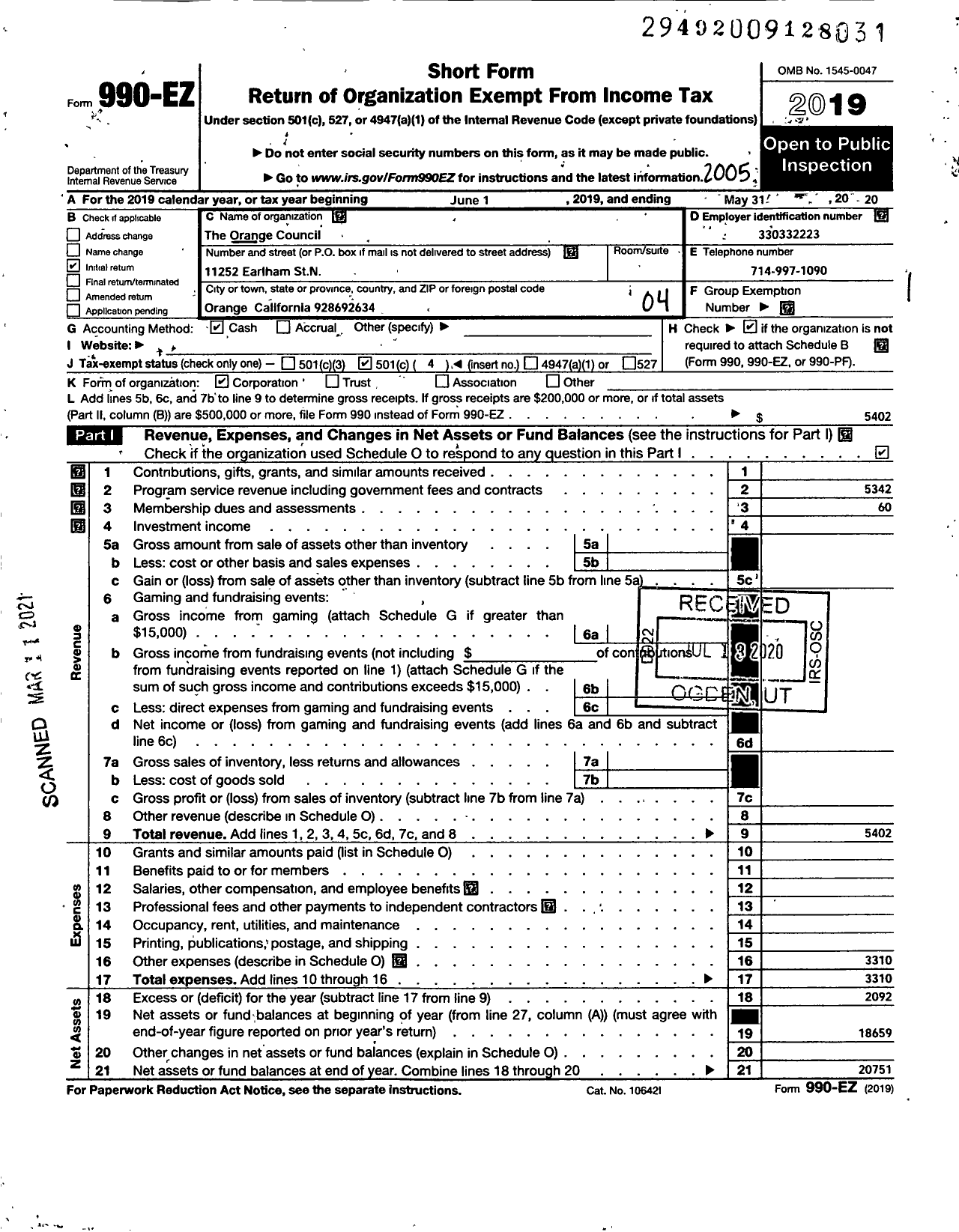 Image of first page of 2019 Form 990EO for The Orange Council