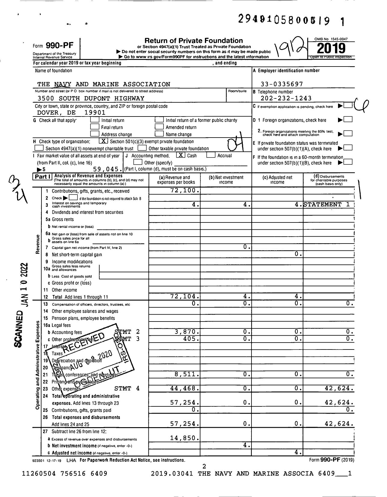 Image of first page of 2019 Form 990PF for The Navy and Marine Association