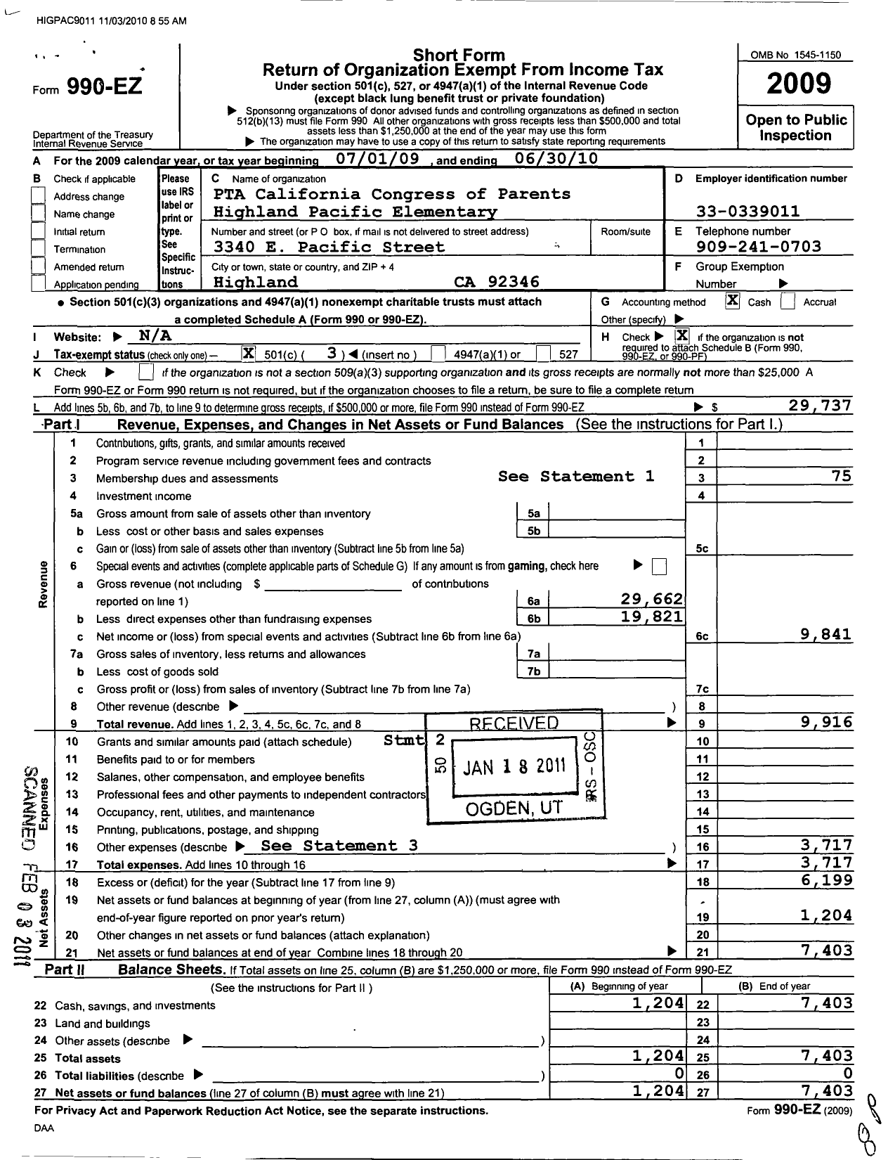 Image of first page of 2009 Form 990EZ for California State PTA - Highland-Pacific Elementary PTA