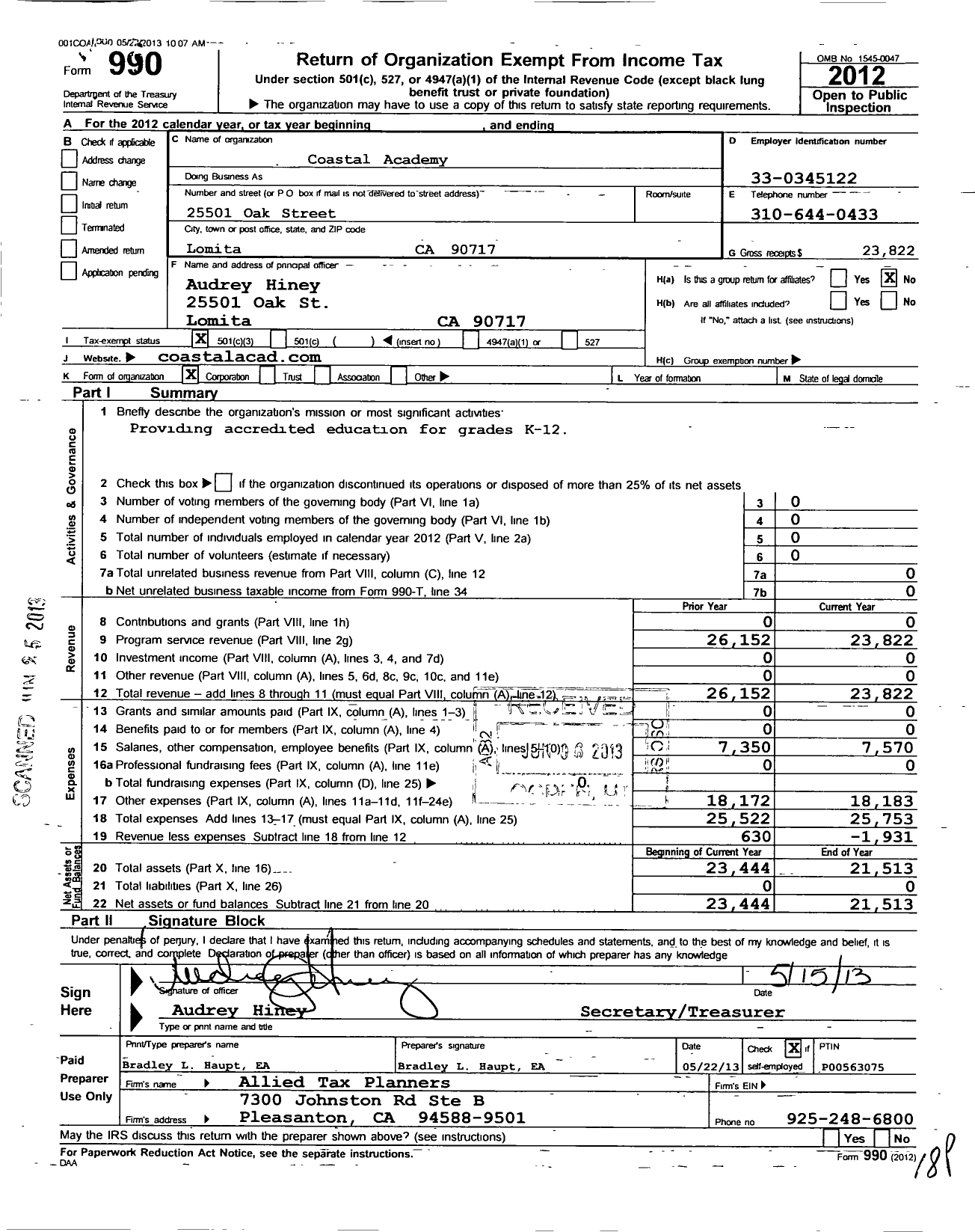Image of first page of 2012 Form 990 for Coastal Academy