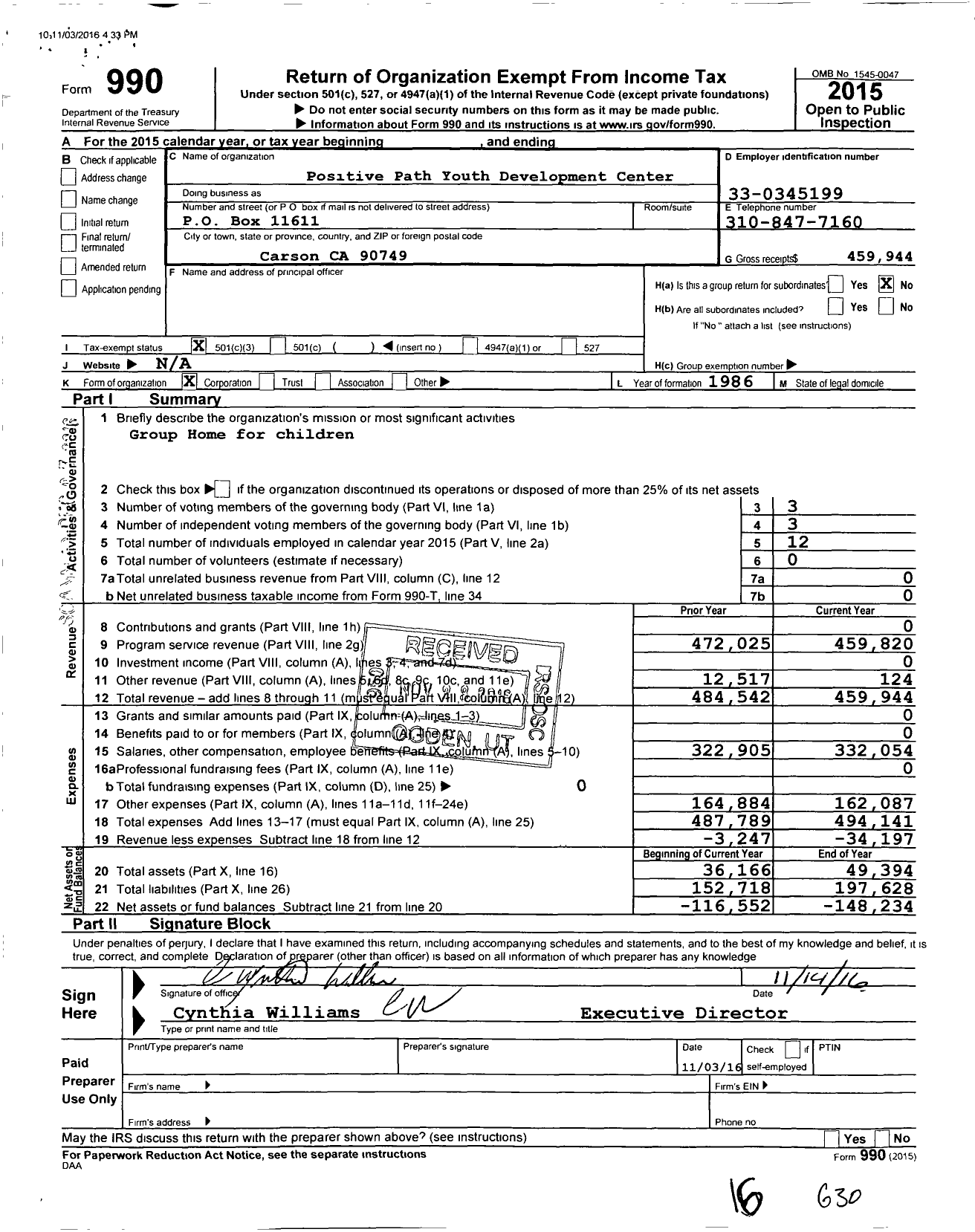 Image of first page of 2015 Form 990 for Positive Path Youth Development Center