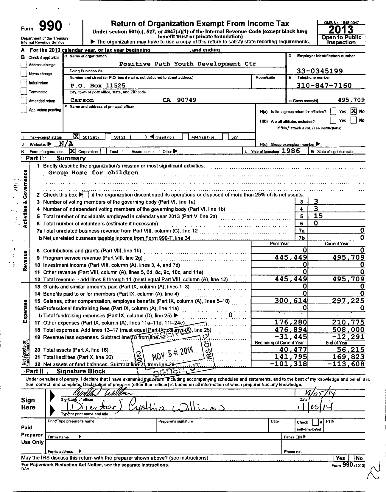 Image of first page of 2013 Form 990 for Positive Path Youth Development Center