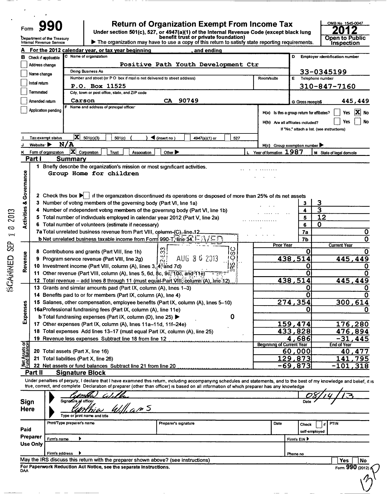 Image of first page of 2012 Form 990 for Positive Path Youth Development Center