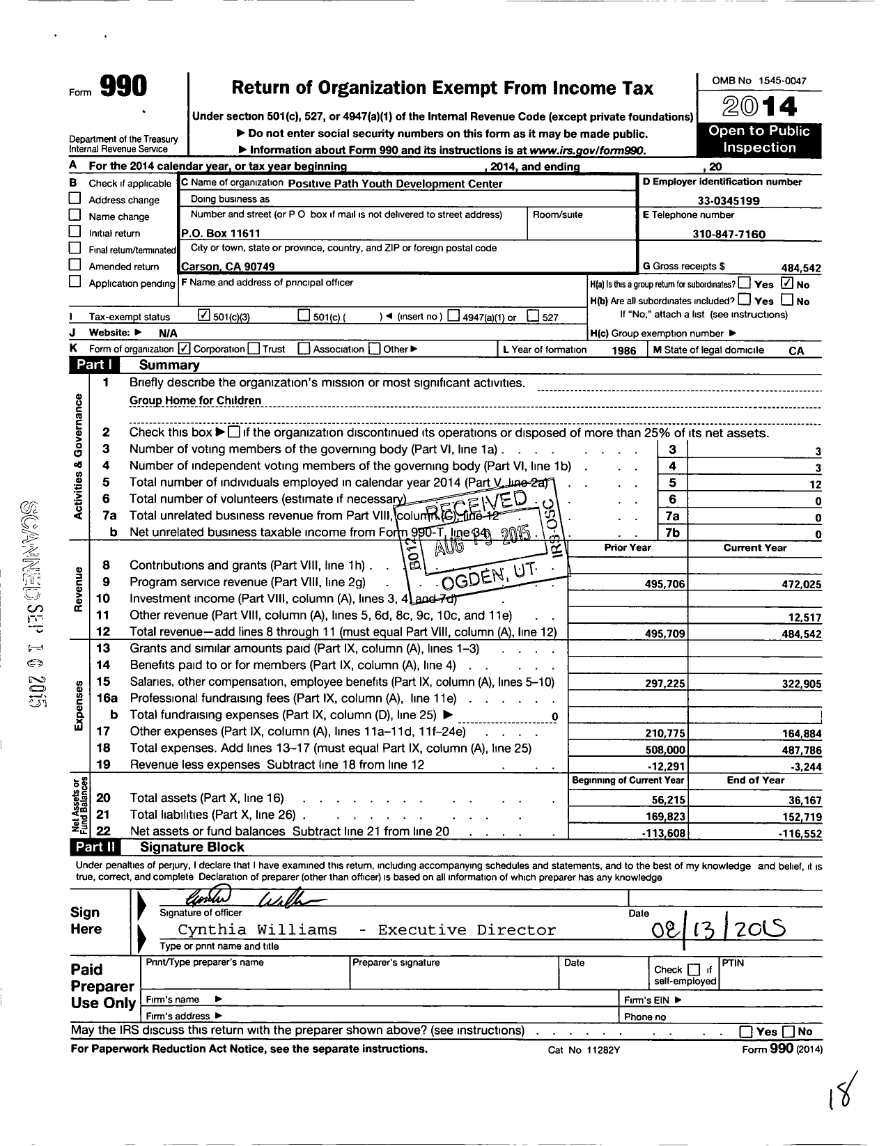 Image of first page of 2014 Form 990 for Positive Path Youth Development Center