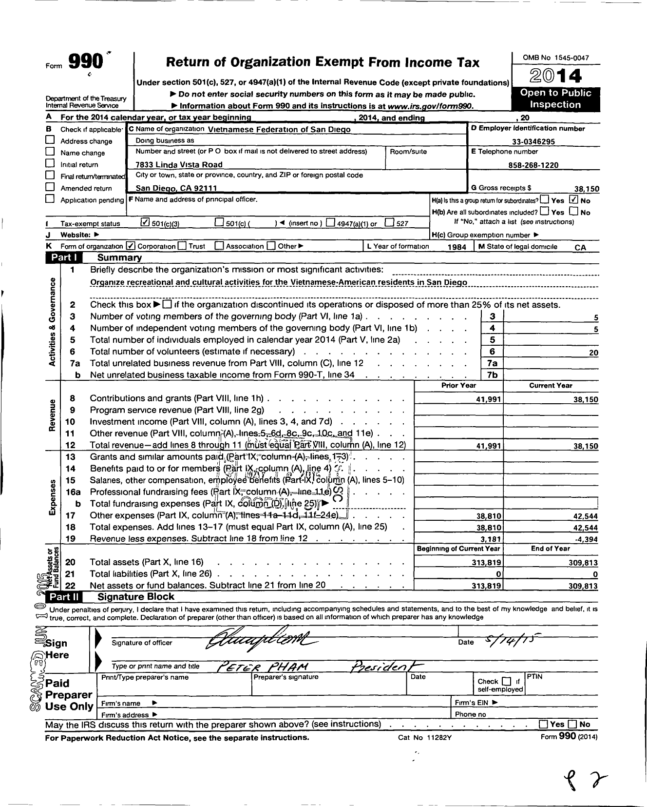 Image of first page of 2014 Form 990 for Vietnamese Federation of San Diego